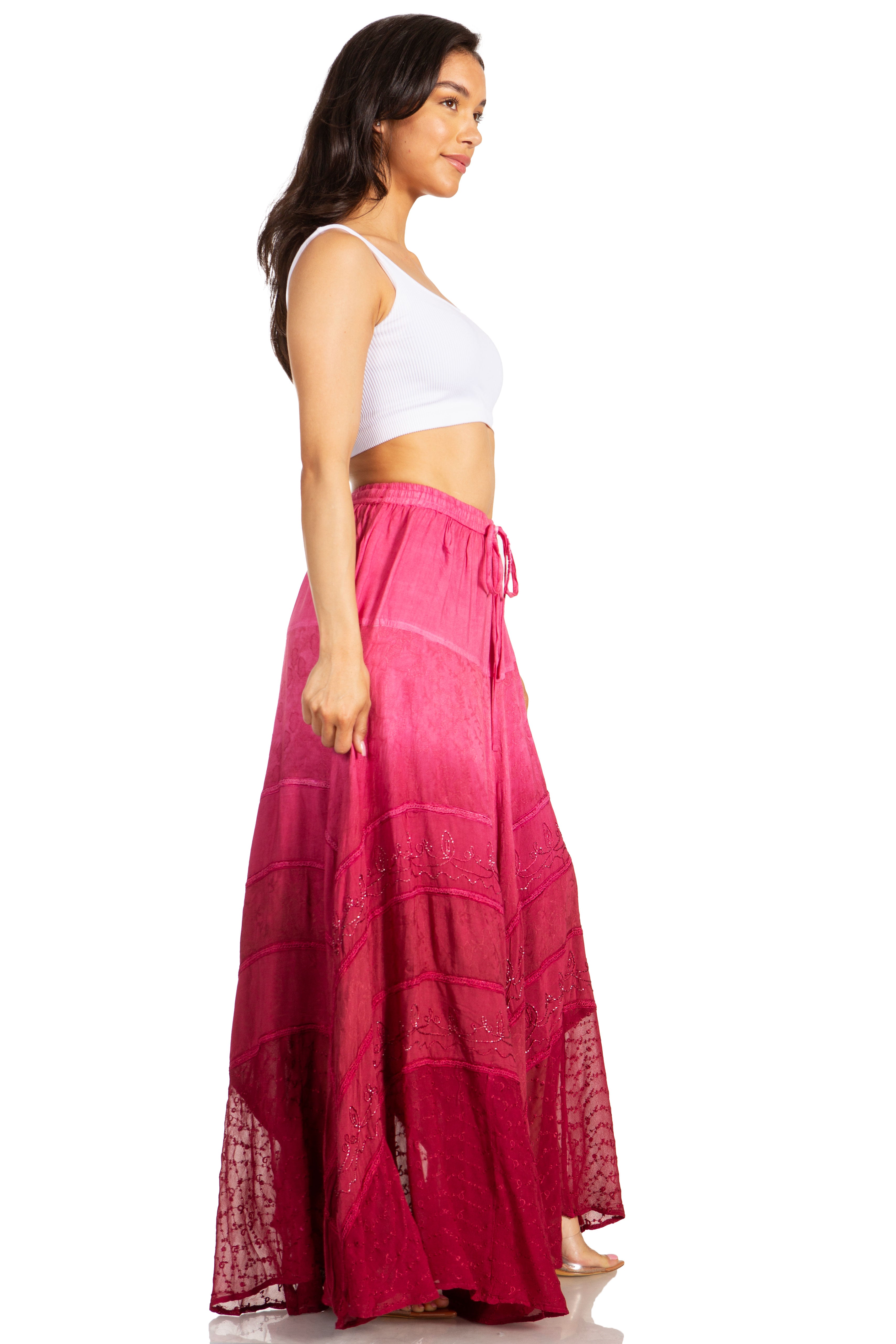 Sakkas - Lyra Bohemian Soft Brocade Rayon Tiered Embroidered Flowy Long Skirt