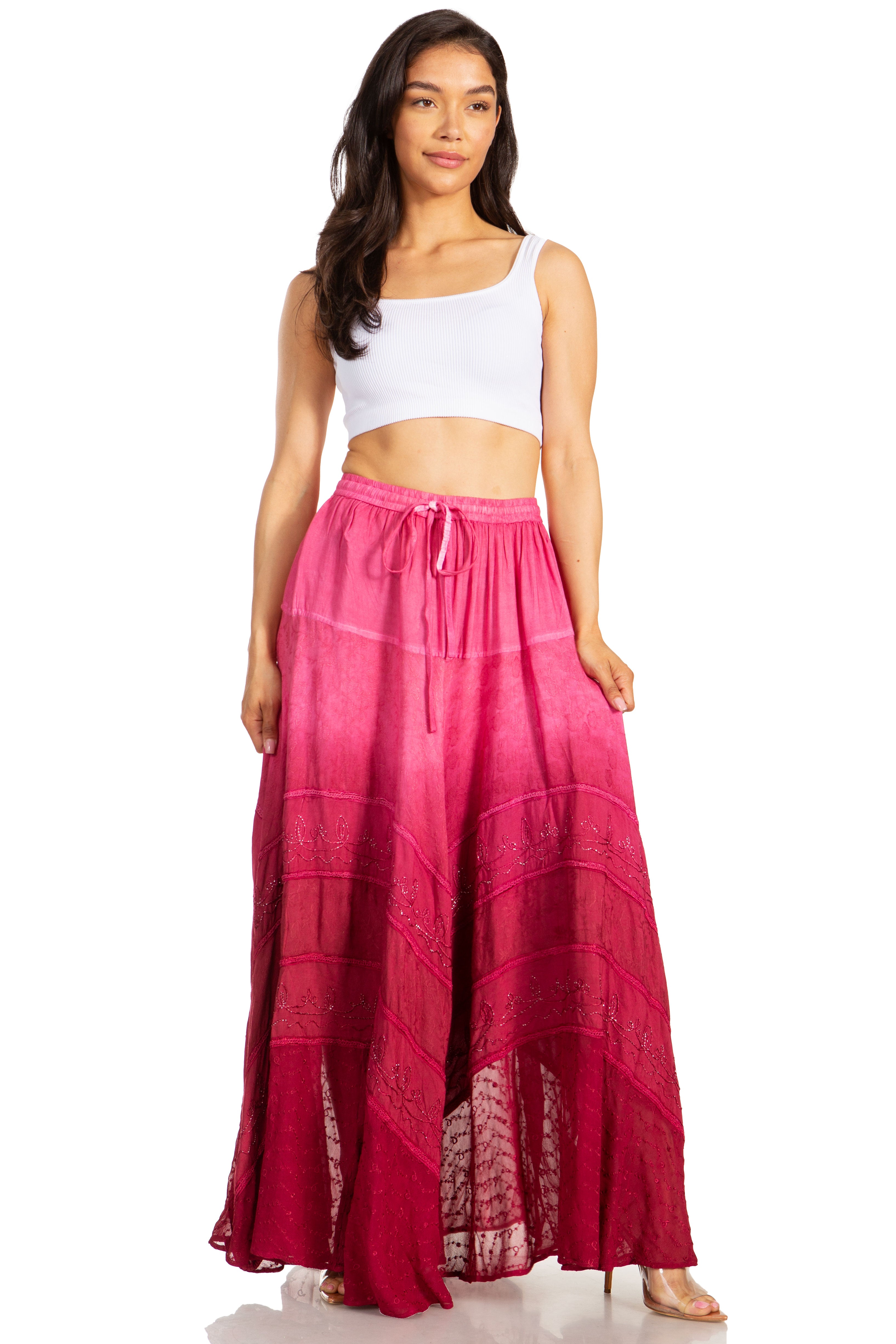 Sakkas - Lyra Bohemian Soft Brocade Rayon Tiered Embroidered Flowy Long Skirt