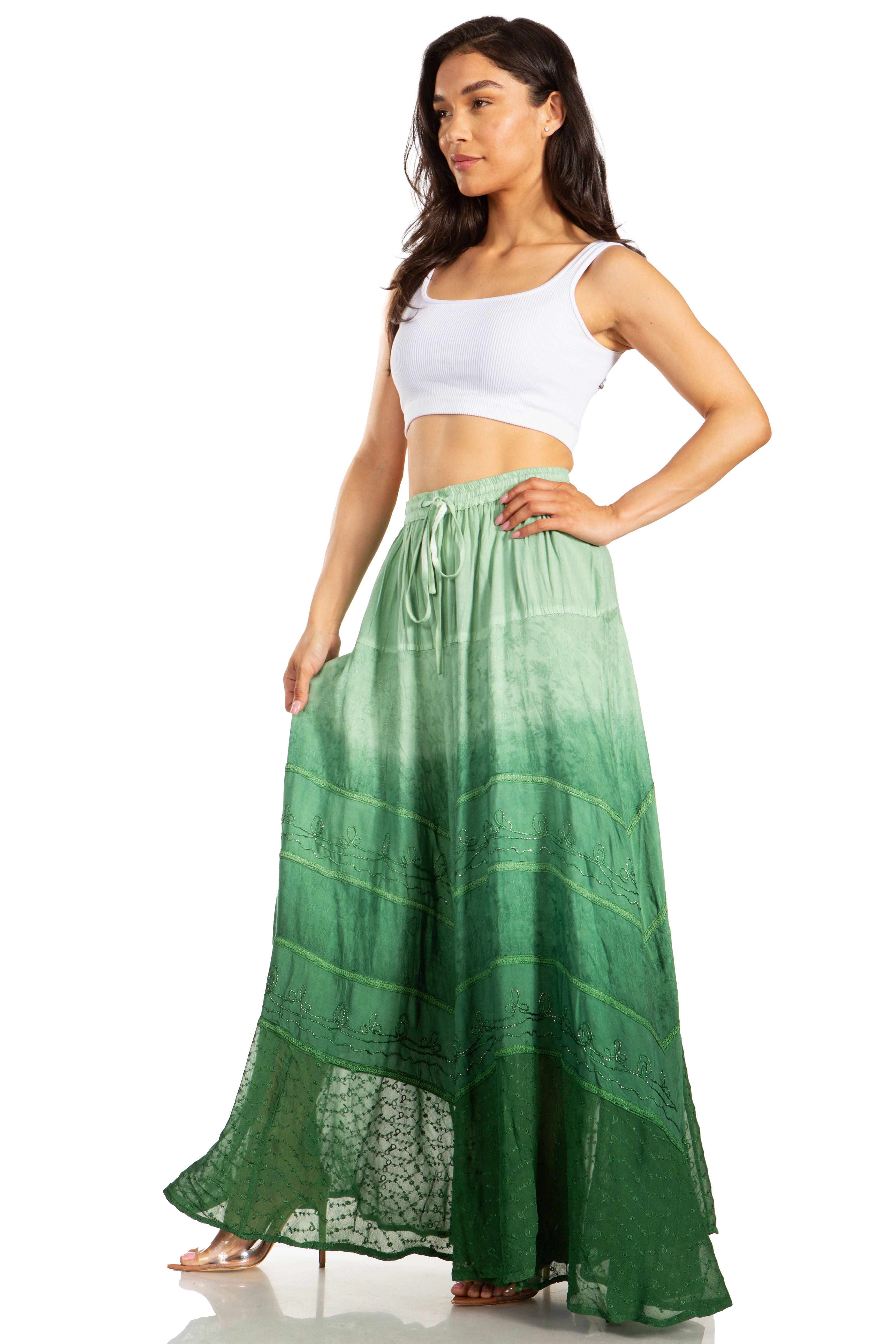 Sakkas - Lyra Bohemian Soft Brocade Rayon Tiered Embroidered Flowy Long Skirt