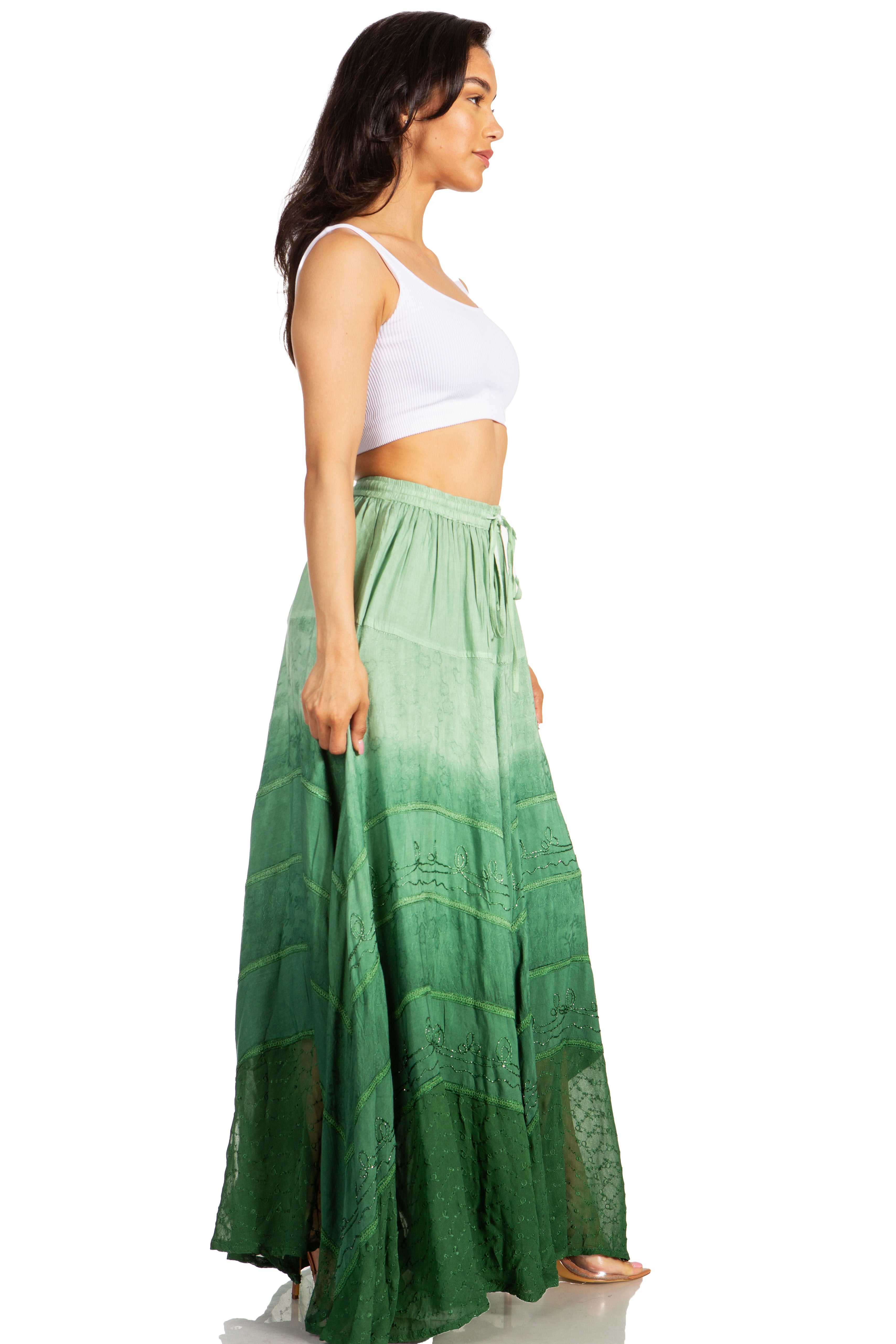 Sakkas - Lyra Bohemian Soft Brocade Rayon Tiered Embroidered Flowy Long Skirt