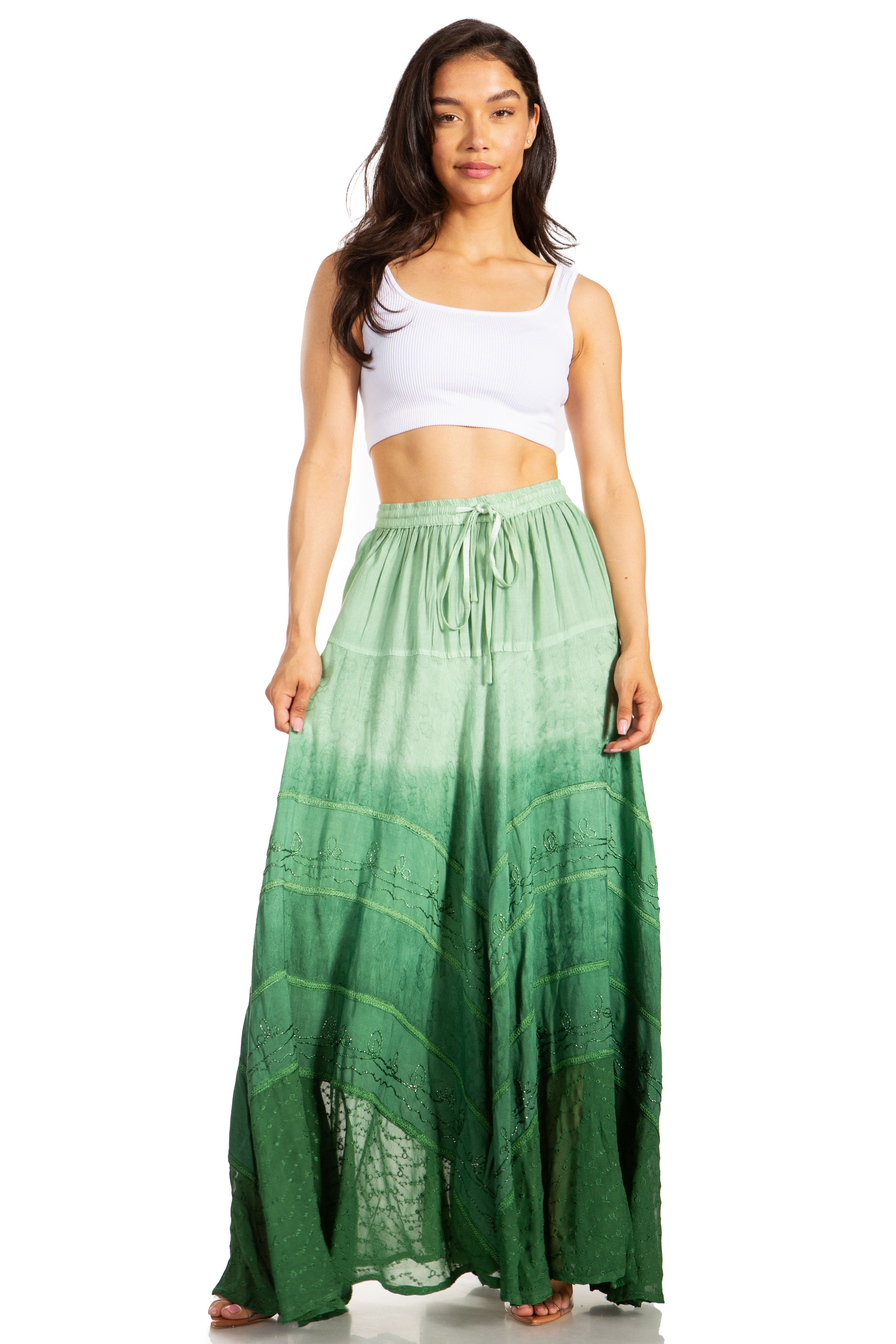 Sakkas - Lyra Bohemian Soft Brocade Rayon Tiered Embroidered Flowy Long Skirt