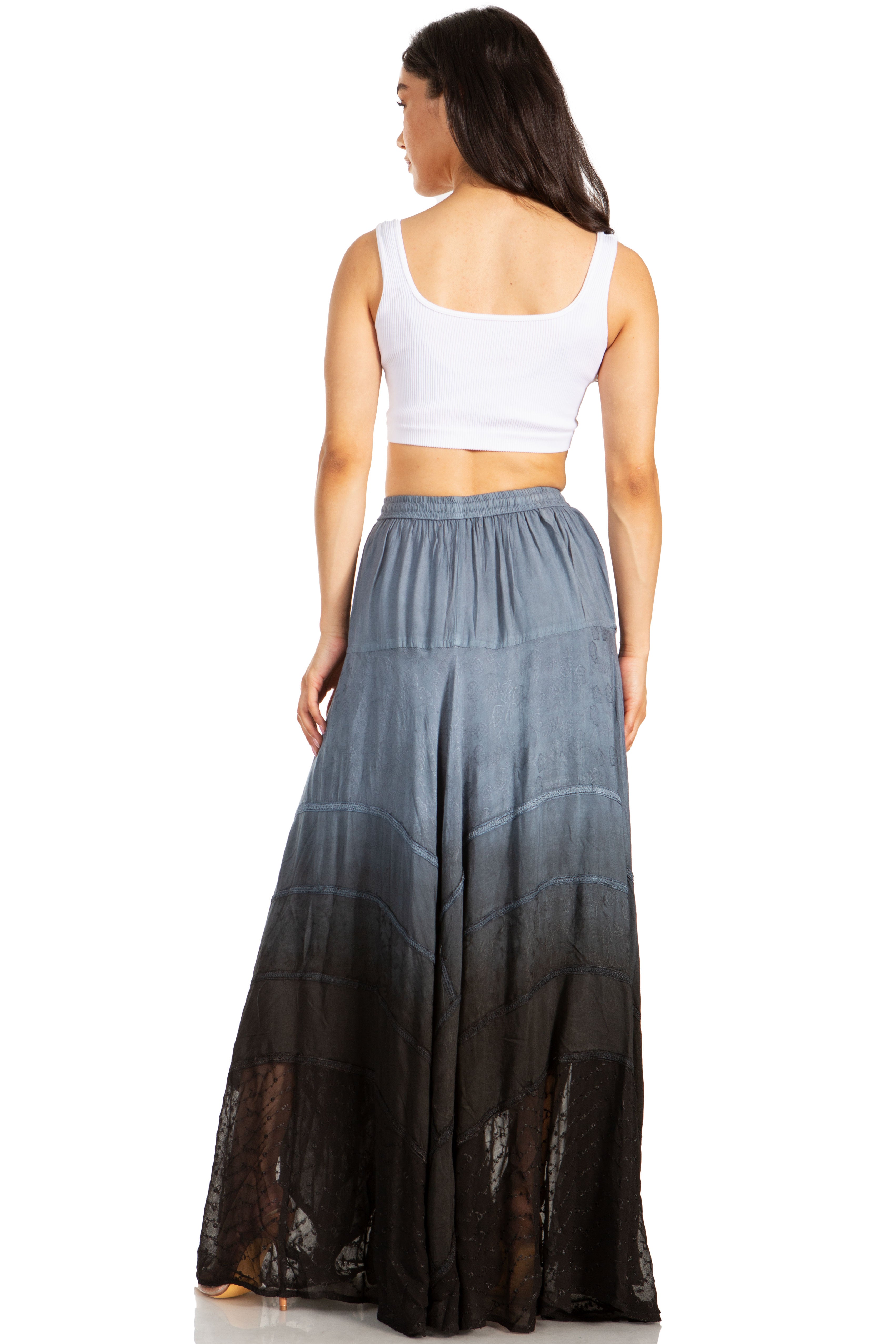 Sakkas - Lyra Bohemian Soft Brocade Rayon Tiered Embroidered Flowy Long Skirt
