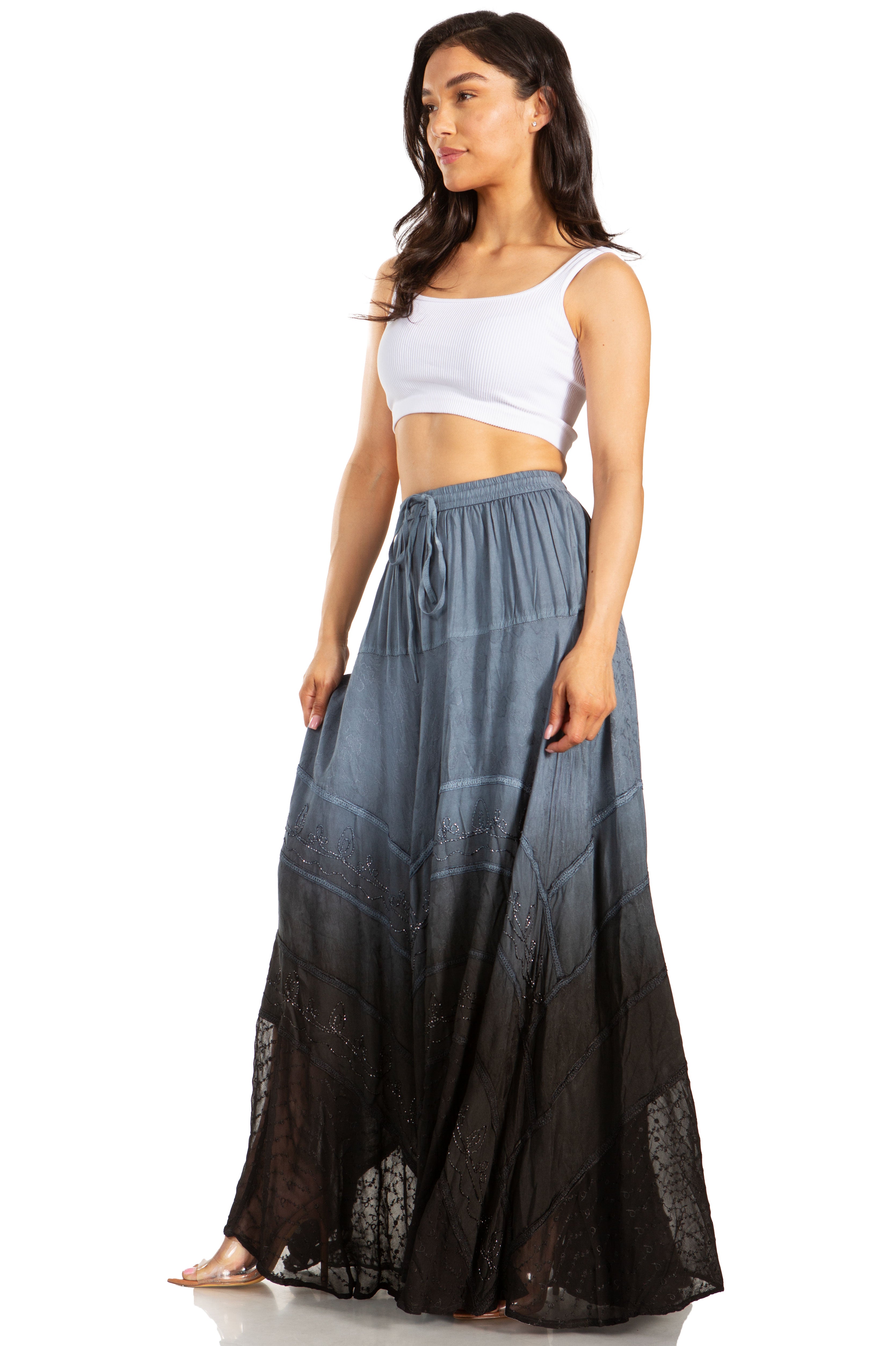 Sakkas - Lyra Bohemian Soft Brocade Rayon Tiered Embroidered Flowy Long Skirt