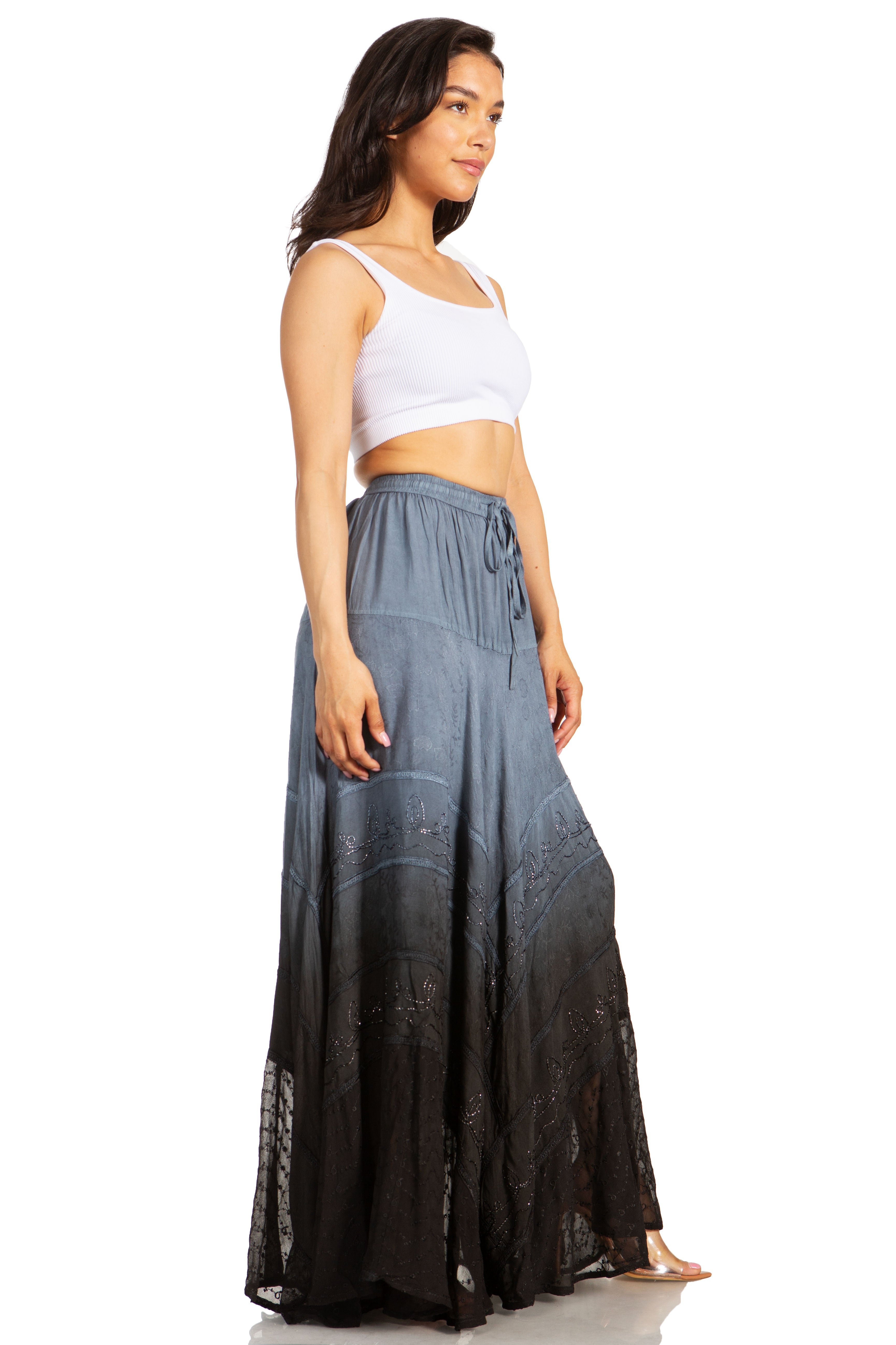 Sakkas - Lyra Bohemian Soft Brocade Rayon Tiered Embroidered Flowy Long Skirt