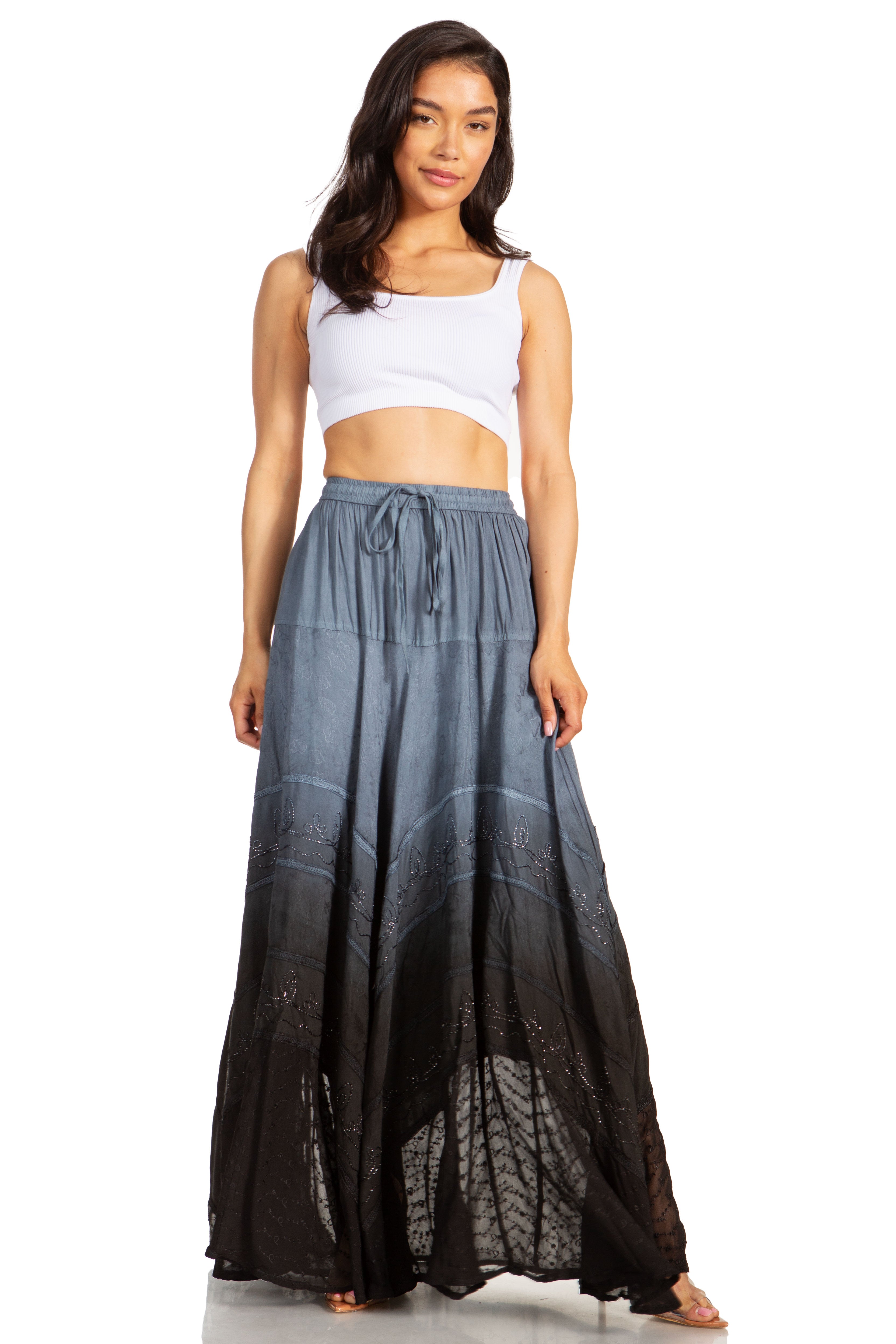 Sakkas - Lyra Bohemian Soft Brocade Rayon Tiered Embroidered Flowy Long Skirt