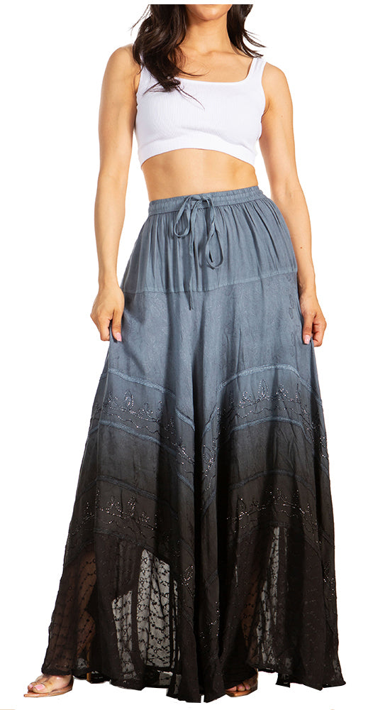 Sakkas - Lyra Bohemian Soft Brocade Rayon Tiered Embroidered Flowy Long Skirt