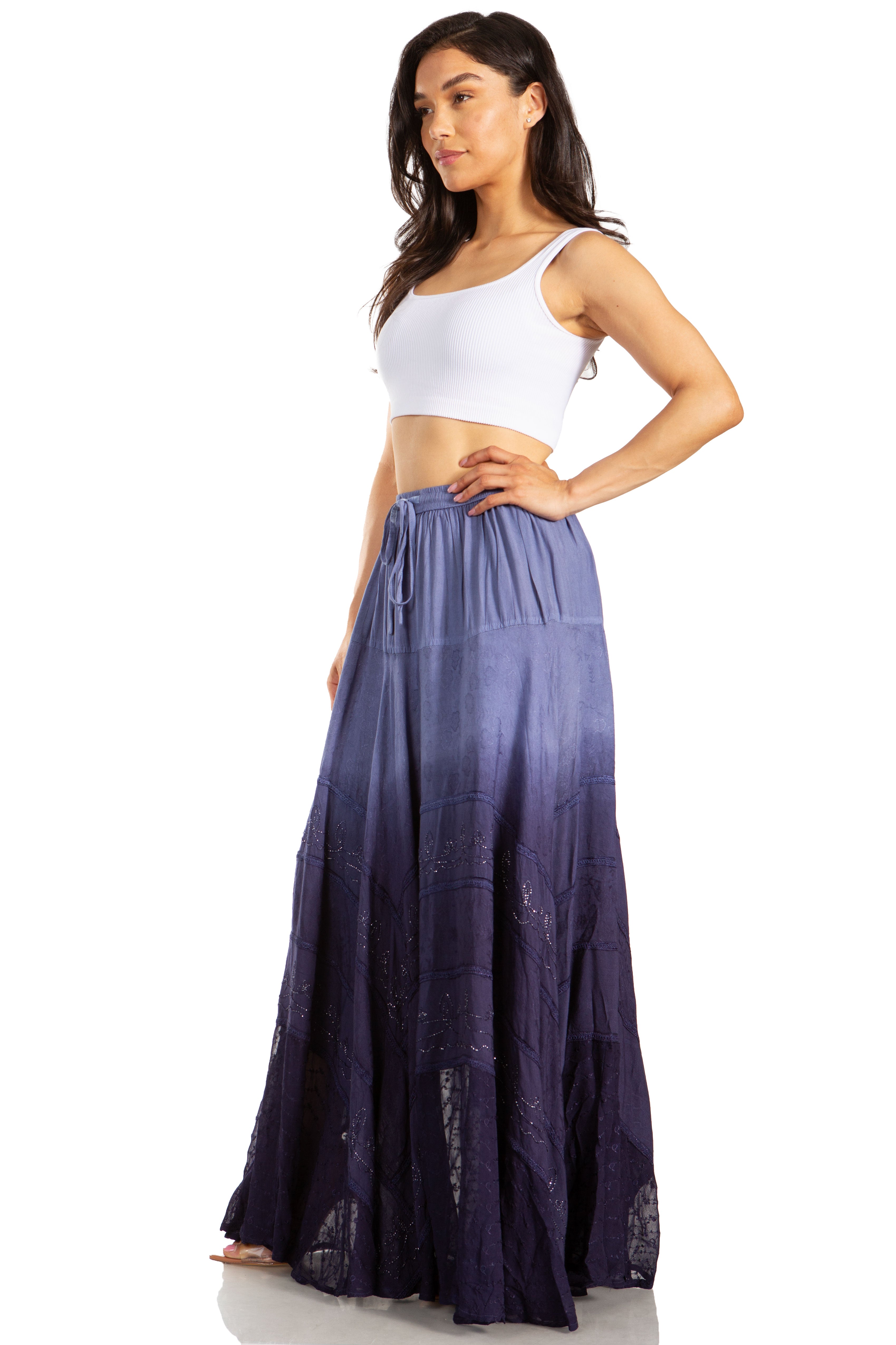 Sakkas - Lyra Bohemian Soft Brocade Rayon Tiered Embroidered Flowy Long Skirt