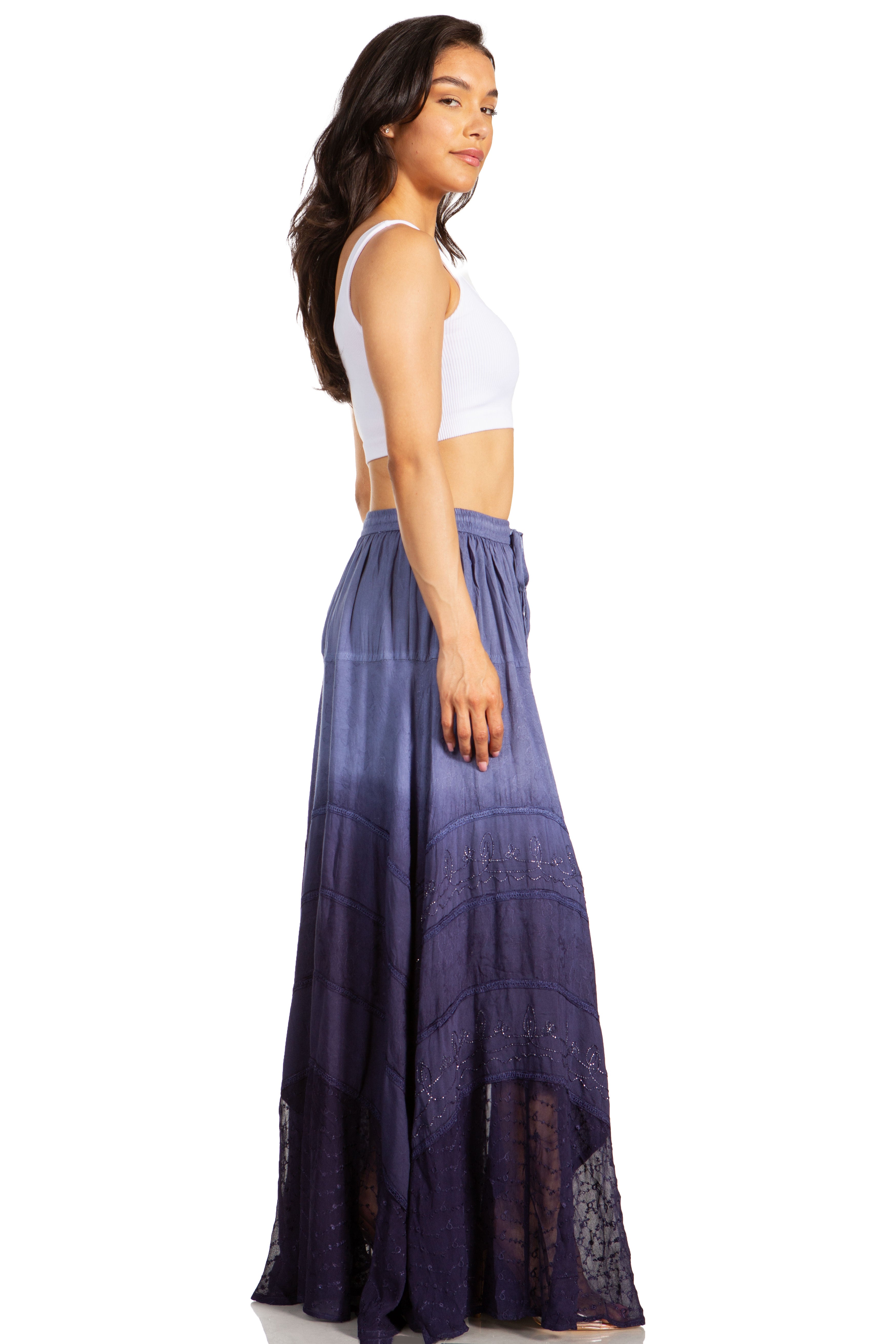 Sakkas - Lyra Bohemian Soft Brocade Rayon Tiered Embroidered Flowy Long Skirt