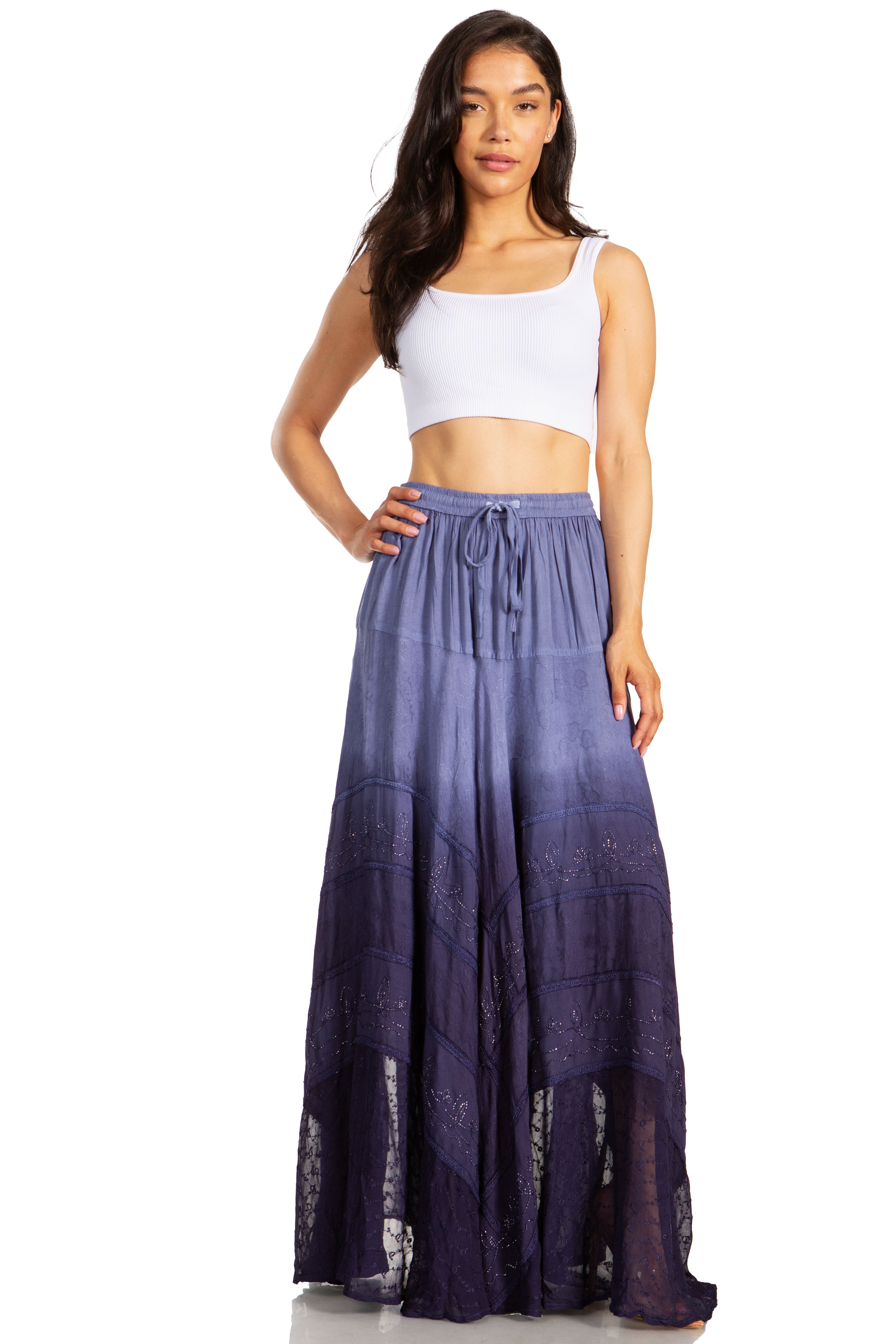 Sakkas - Lyra Bohemian Soft Brocade Rayon Tiered Embroidered Flowy Long Skirt