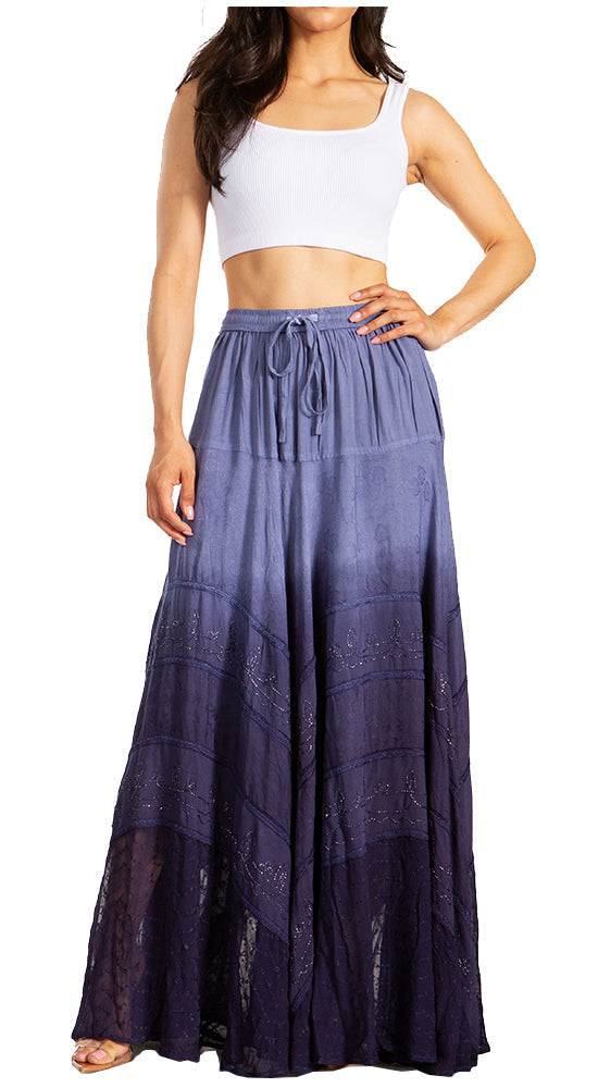 Sakkas - Lyra Bohemian Soft Brocade Rayon Tiered Embroidered Flowy Long Skirt