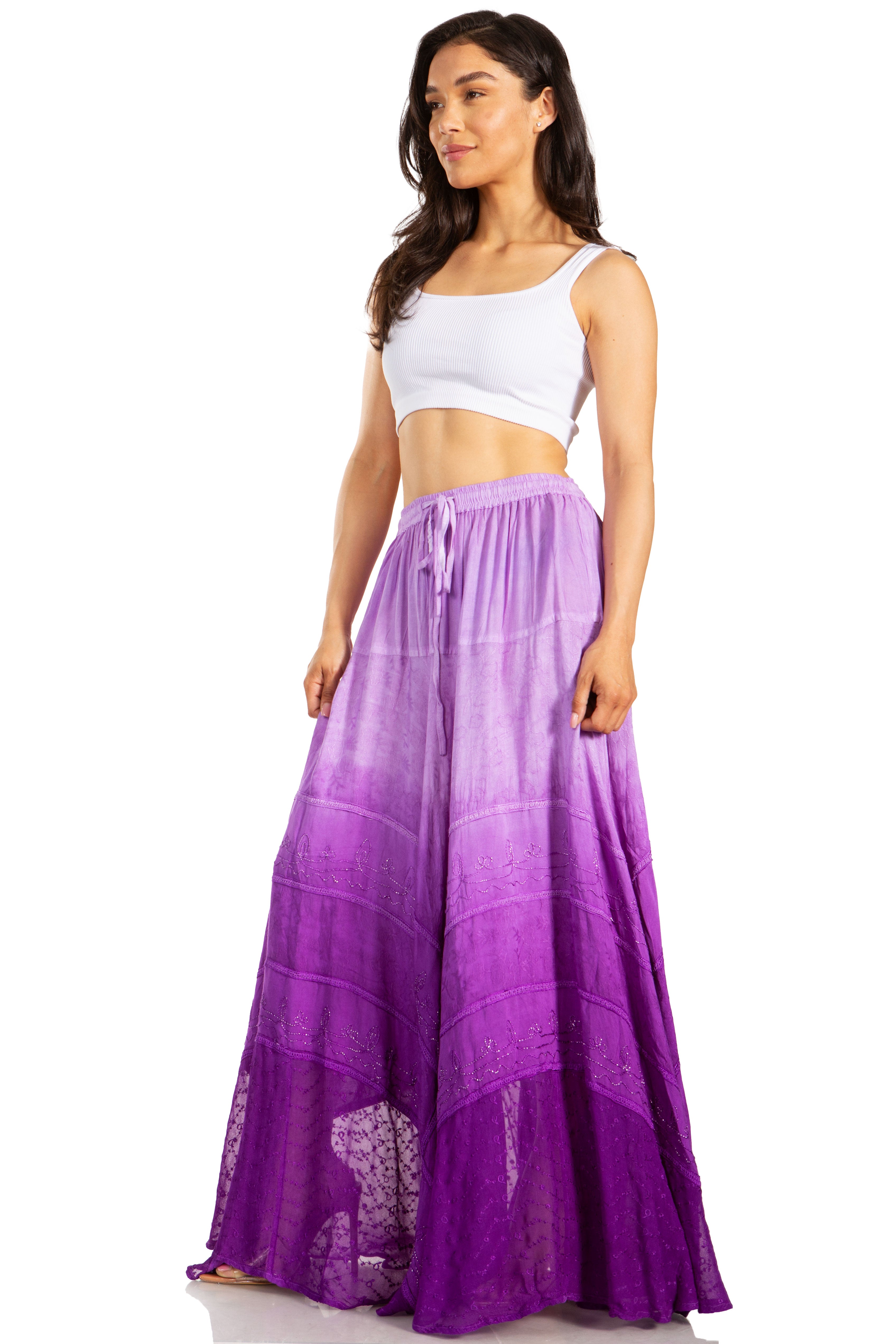Sakkas - Lyra Bohemian Soft Brocade Rayon Tiered Embroidered Flowy Long Skirt