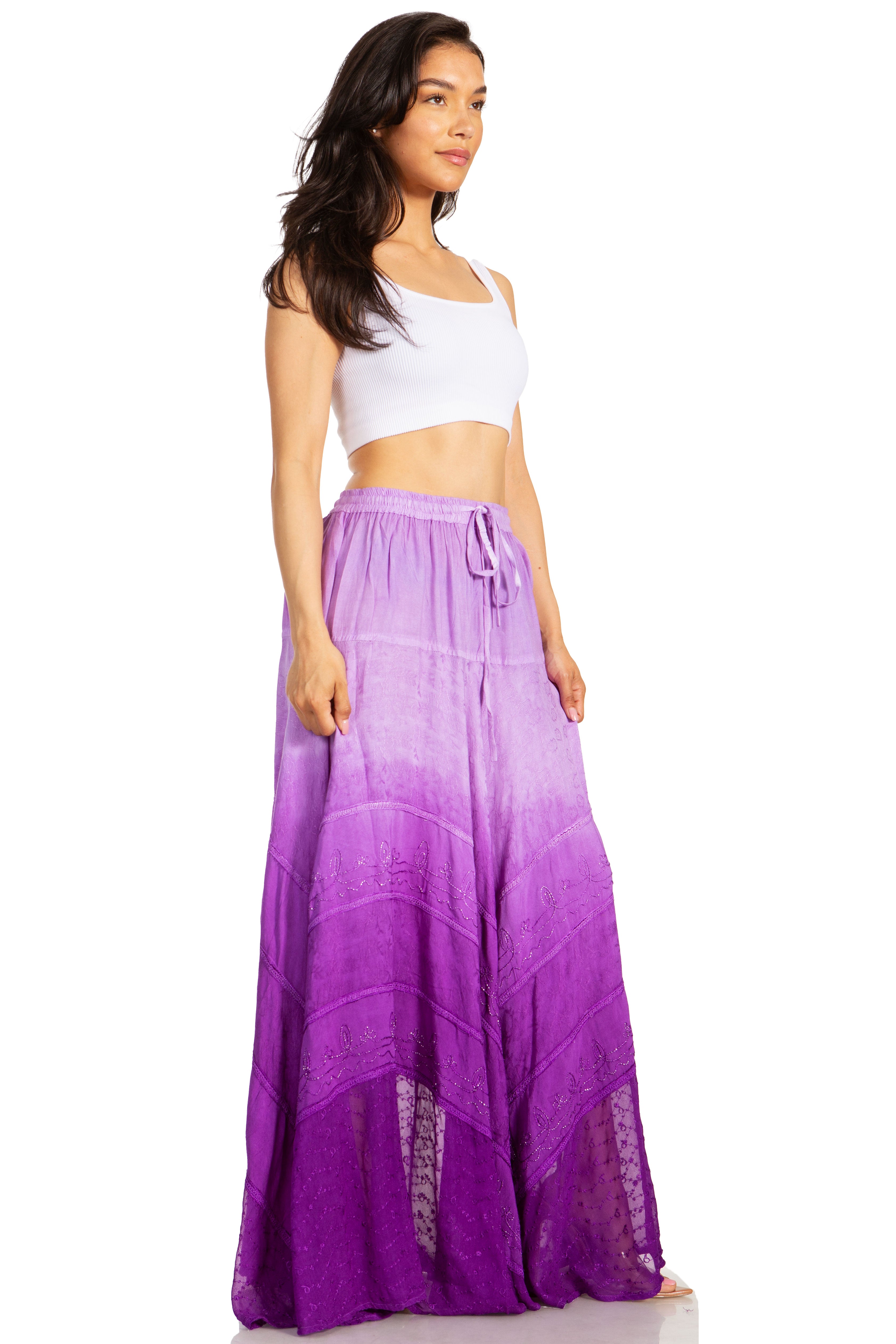 Sakkas - Lyra Bohemian Soft Brocade Rayon Tiered Embroidered Flowy Long Skirt