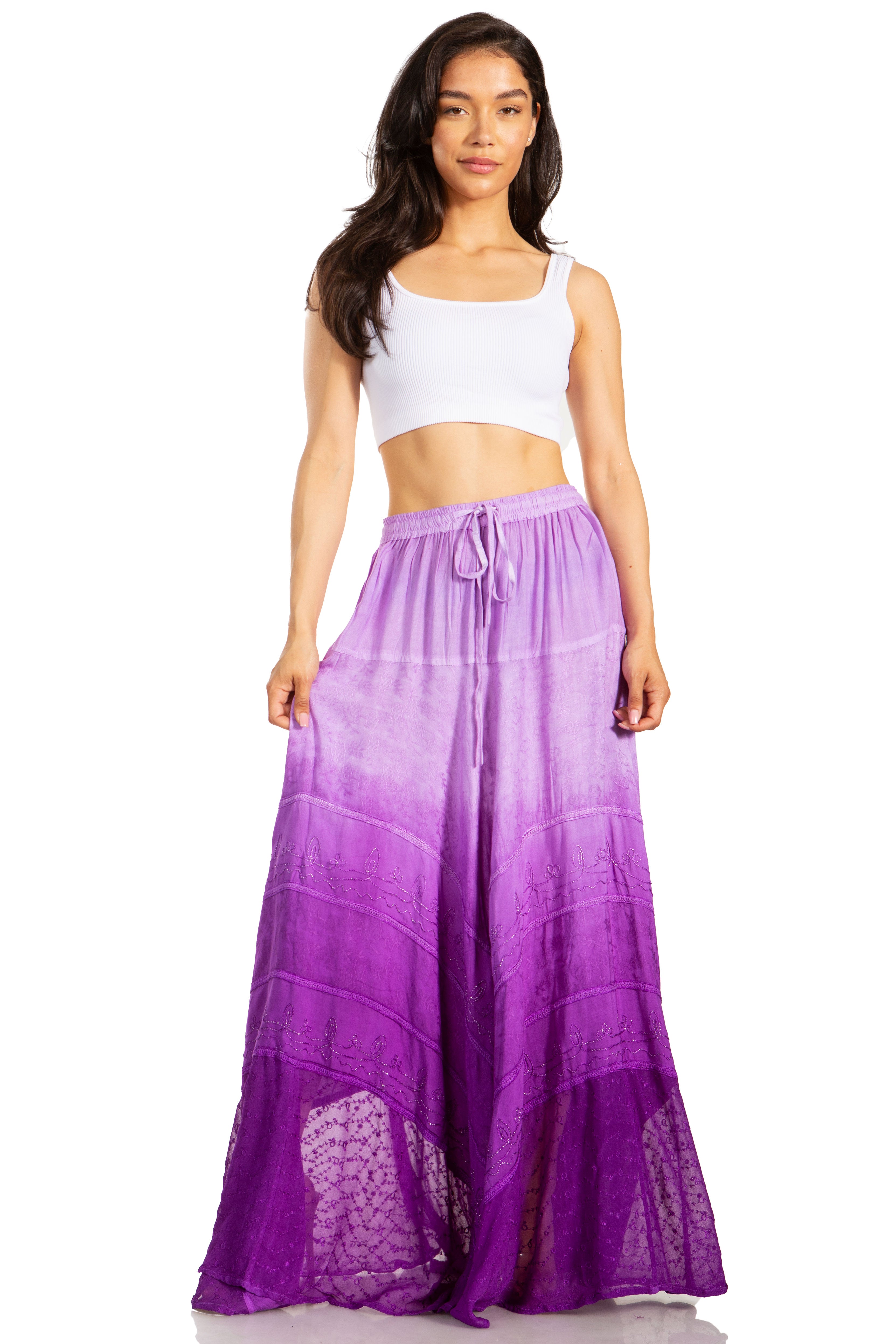 Sakkas - Lyra Bohemian Soft Brocade Rayon Tiered Embroidered Flowy Long Skirt