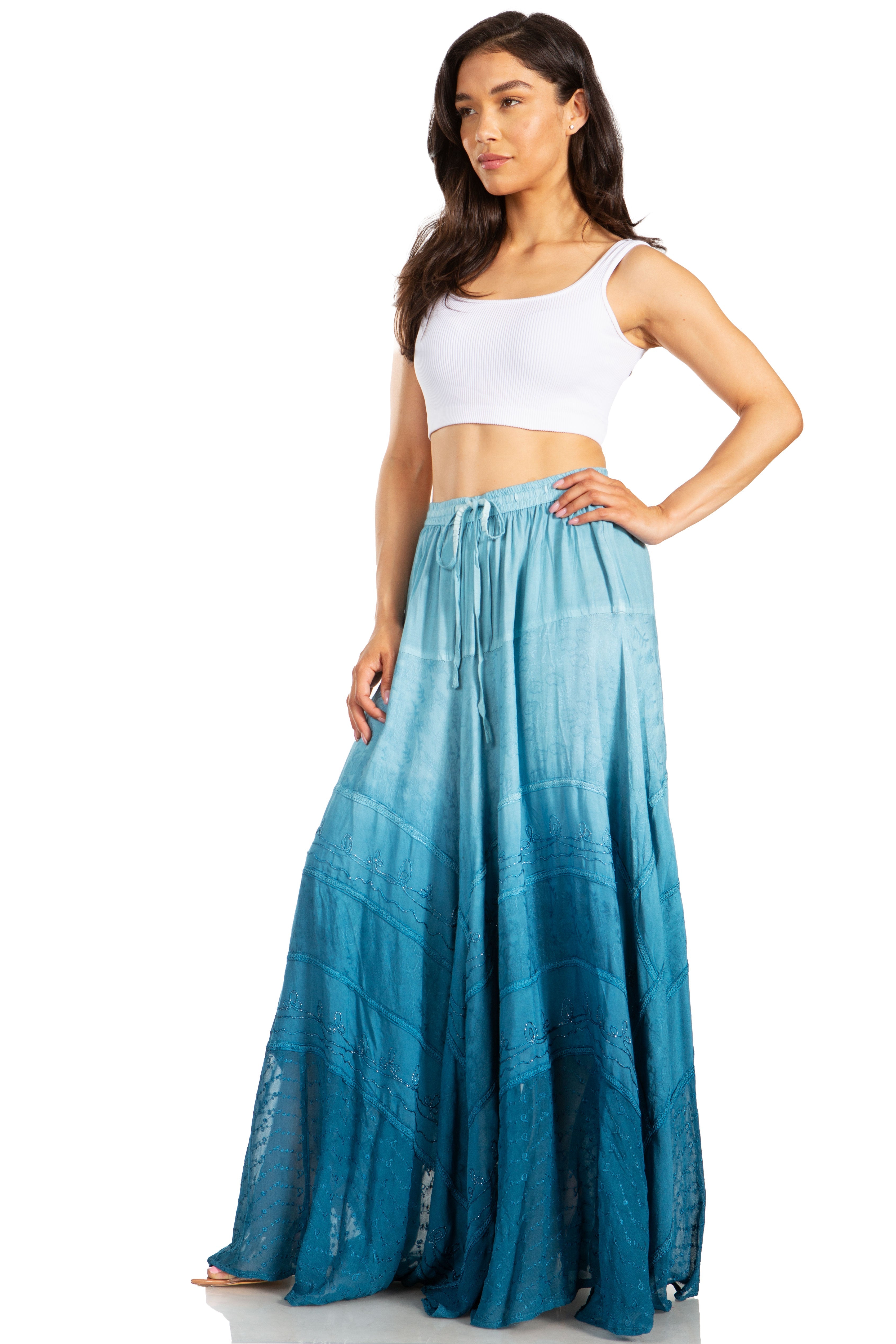 Sakkas - Lyra Bohemian Soft Brocade Rayon Tiered Embroidered Flowy Long Skirt