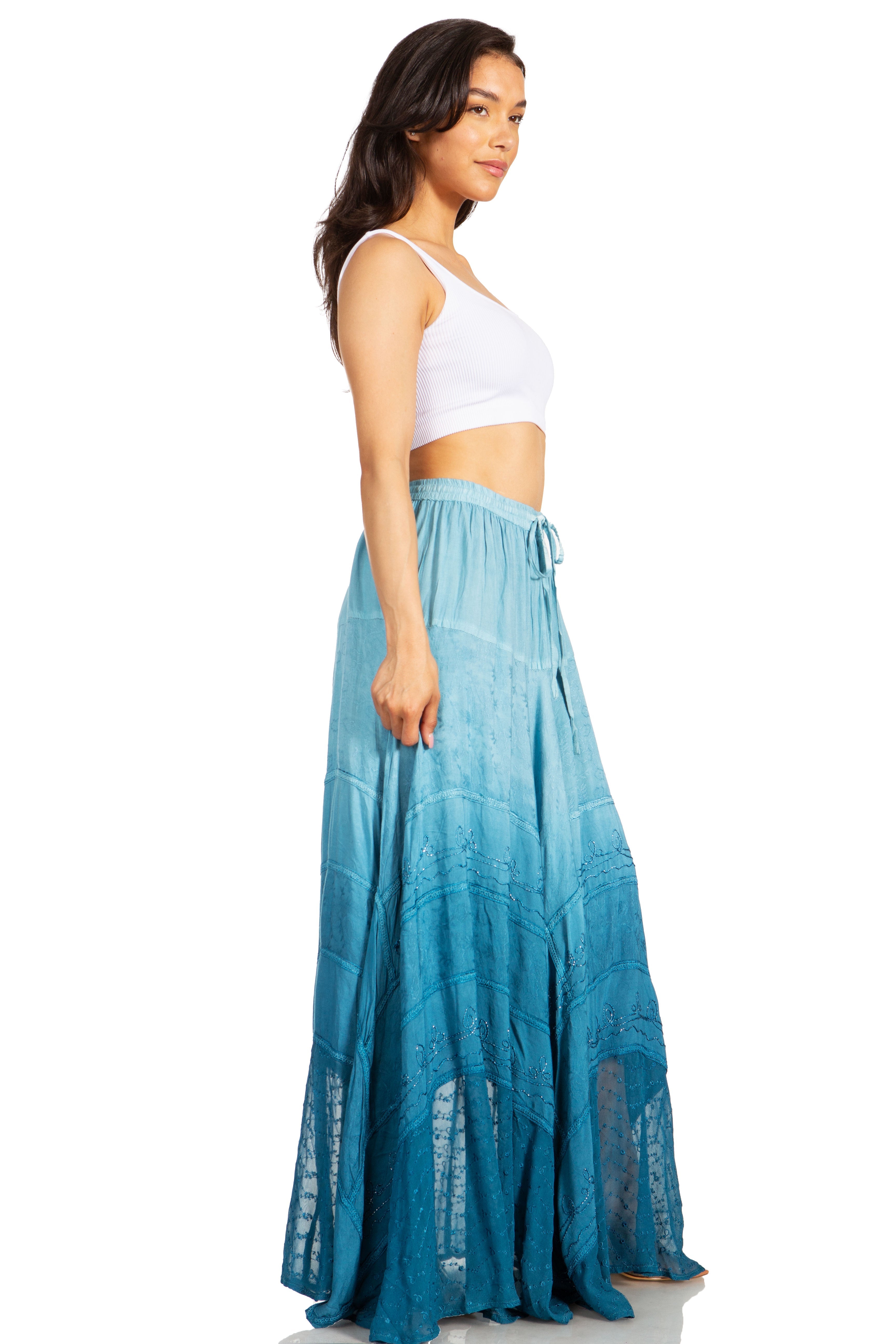 Sakkas - Lyra Bohemian Soft Brocade Rayon Tiered Embroidered Flowy Long Skirt