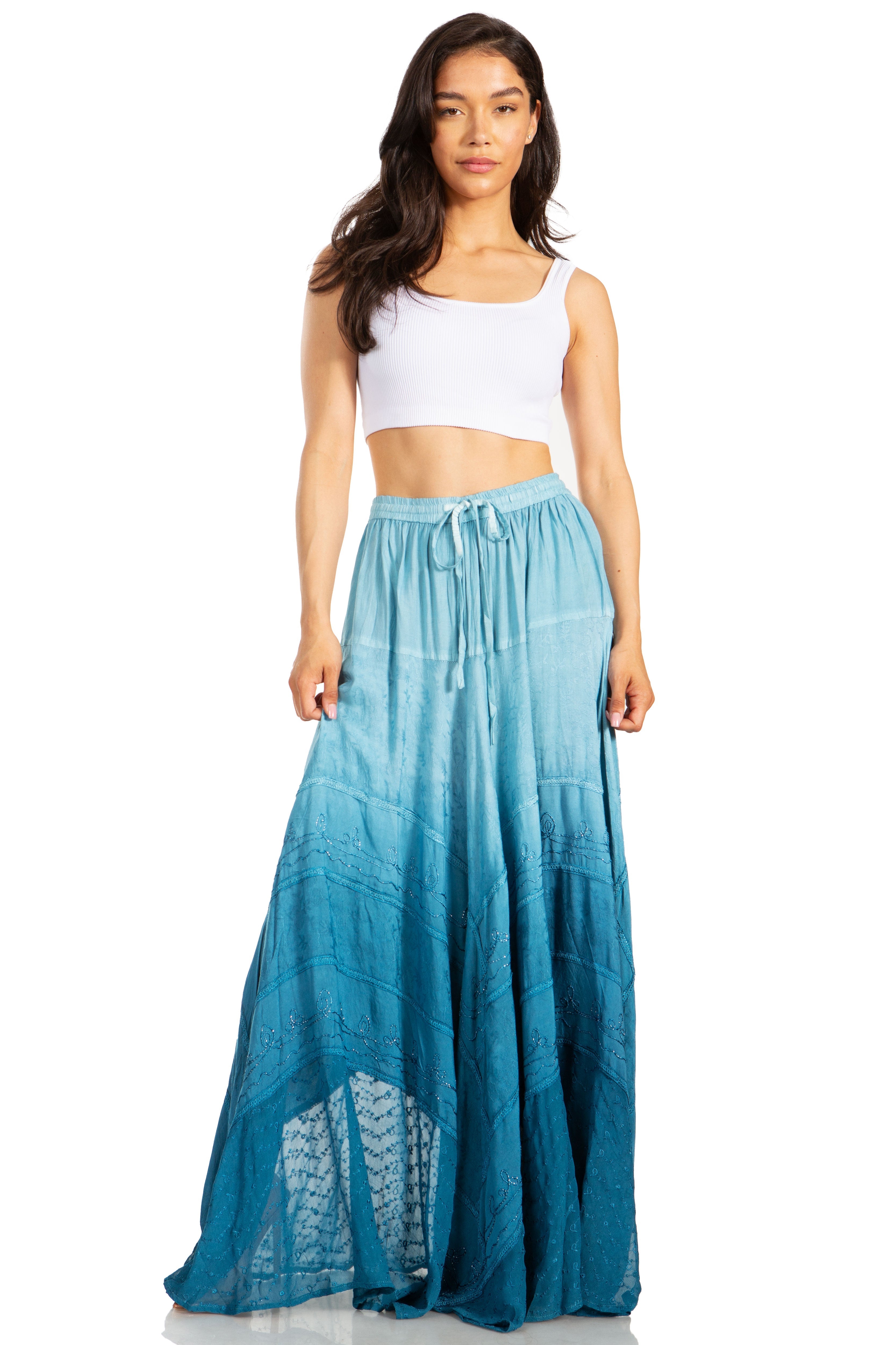 Sakkas - Lyra Bohemian Soft Brocade Rayon Tiered Embroidered Flowy Long Skirt