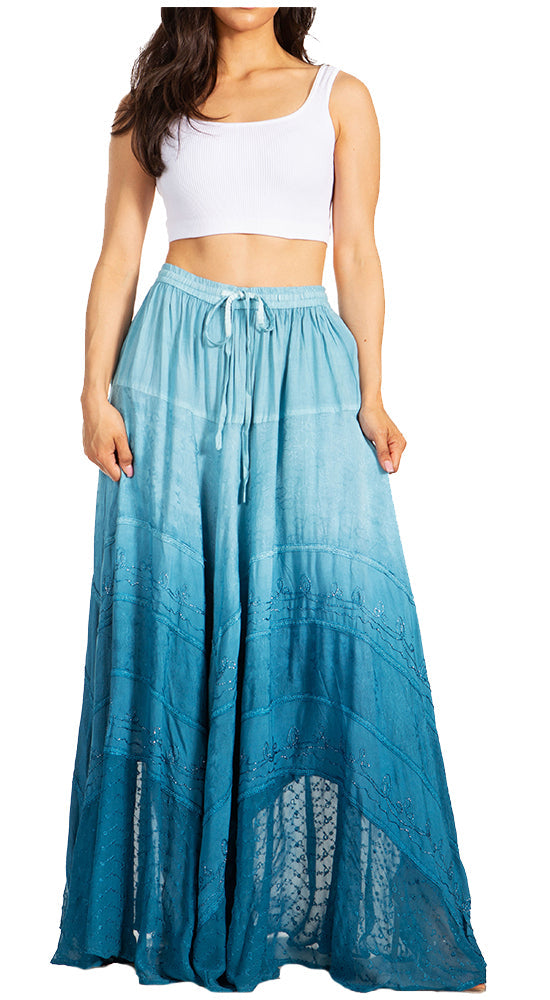 Sakkas - Lyra Bohemian Soft Brocade Rayon Tiered Embroidered Flowy Long Skirt