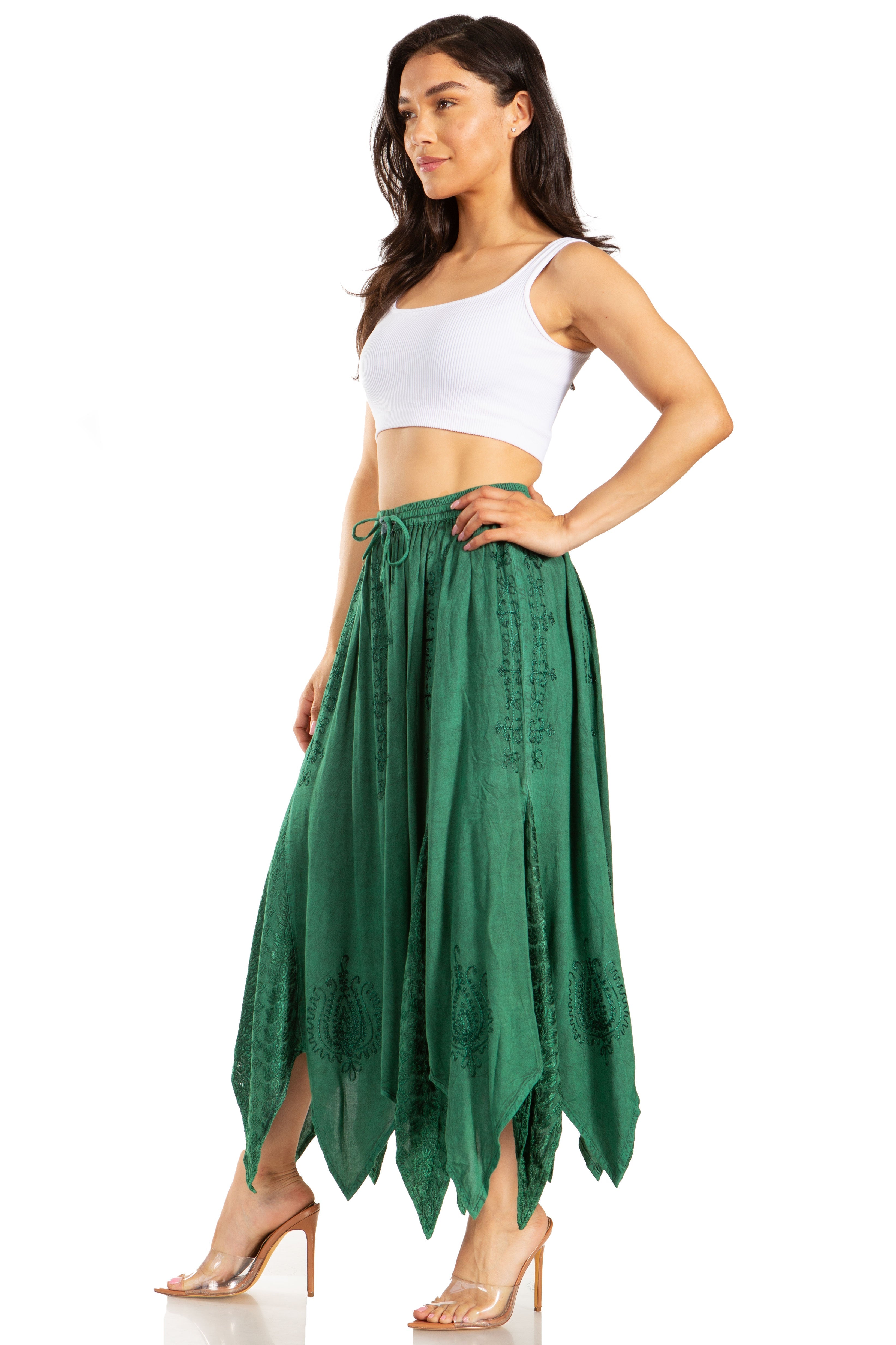 Sakkas - Emery Vintage Retro Maxi Rayon Embroidered Zigzag Hem Flowy Skirt