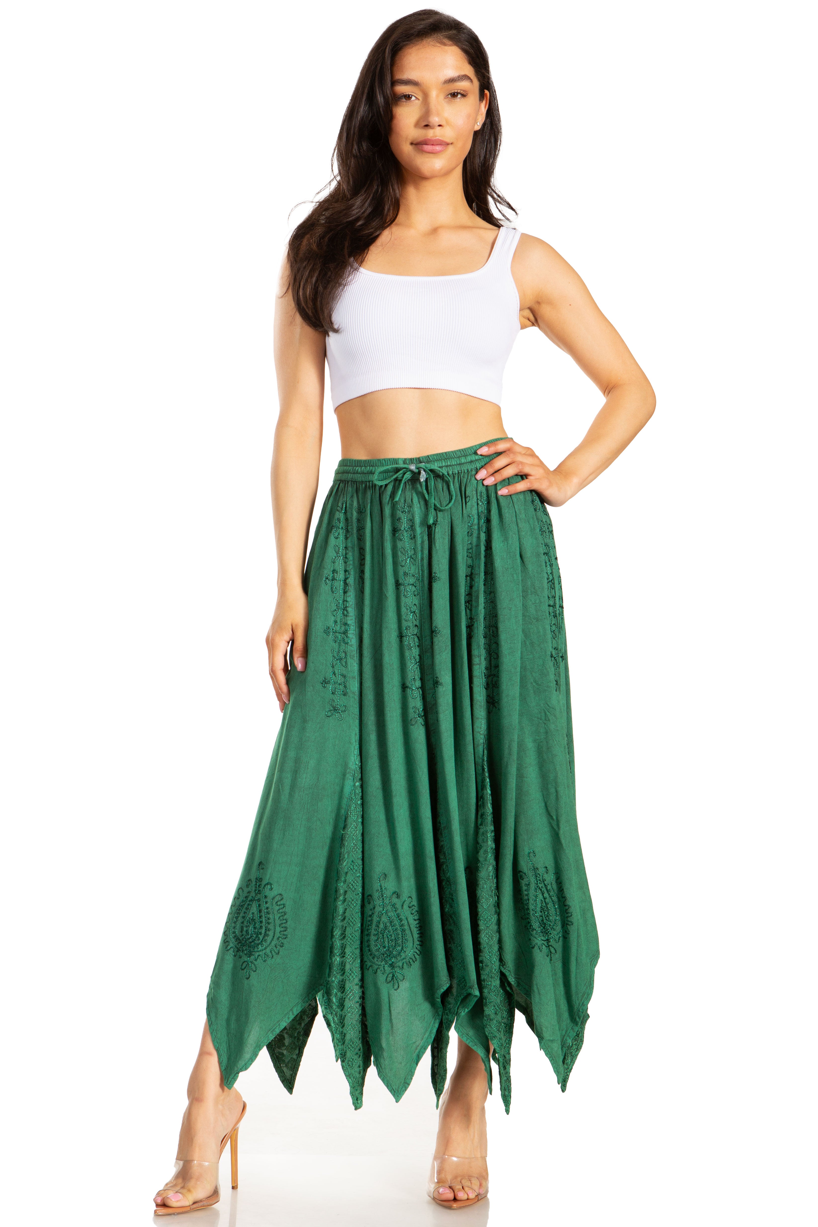 Sakkas - Emery Vintage Retro Maxi Rayon Embroidered Zigzag Hem Flowy Skirt