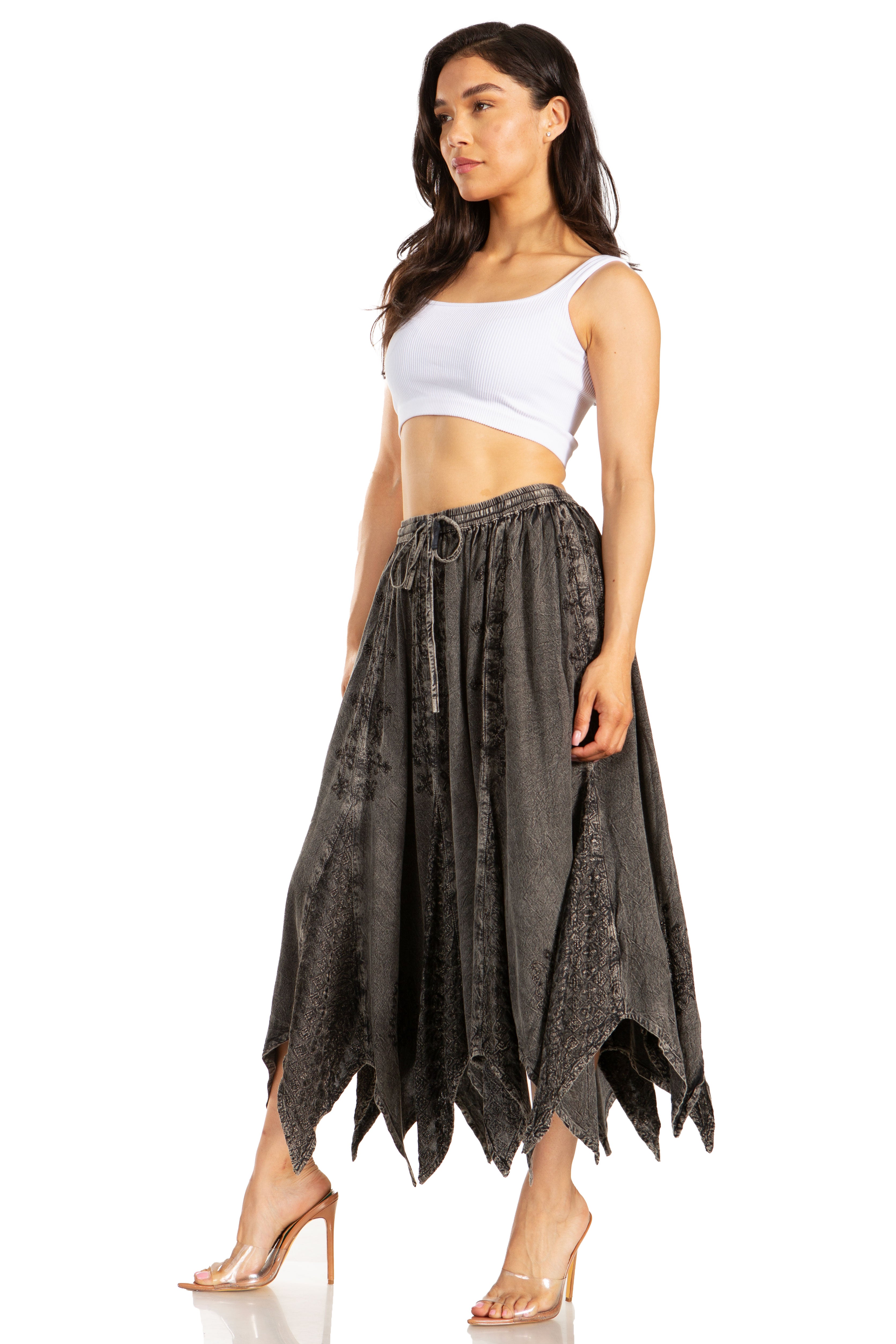 Sakkas - Emery Vintage Retro Maxi Rayon Embroidered Zigzag Hem Flowy Skirt