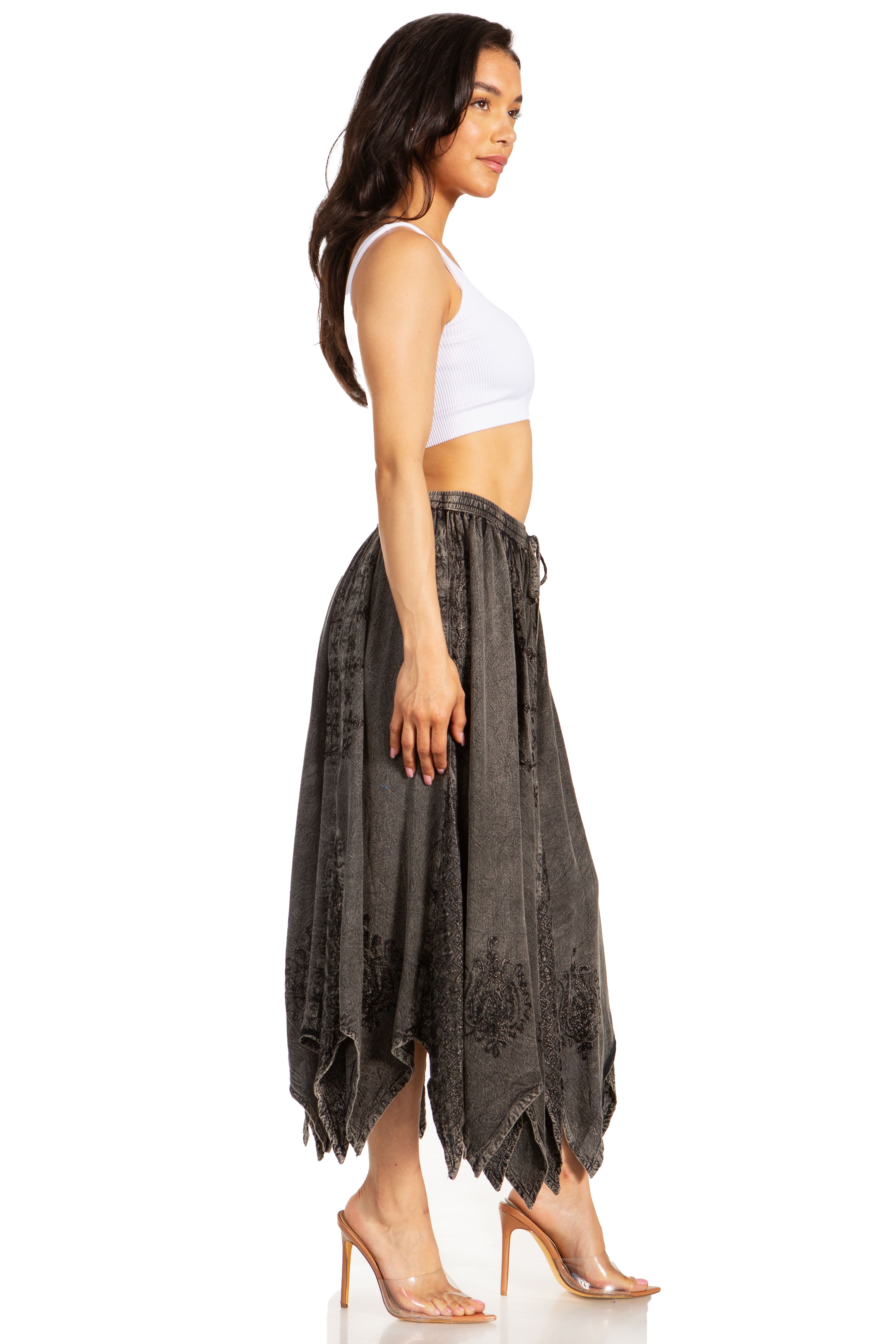 Sakkas - Emery Vintage Retro Maxi Rayon Embroidered Zigzag Hem Flowy Skirt