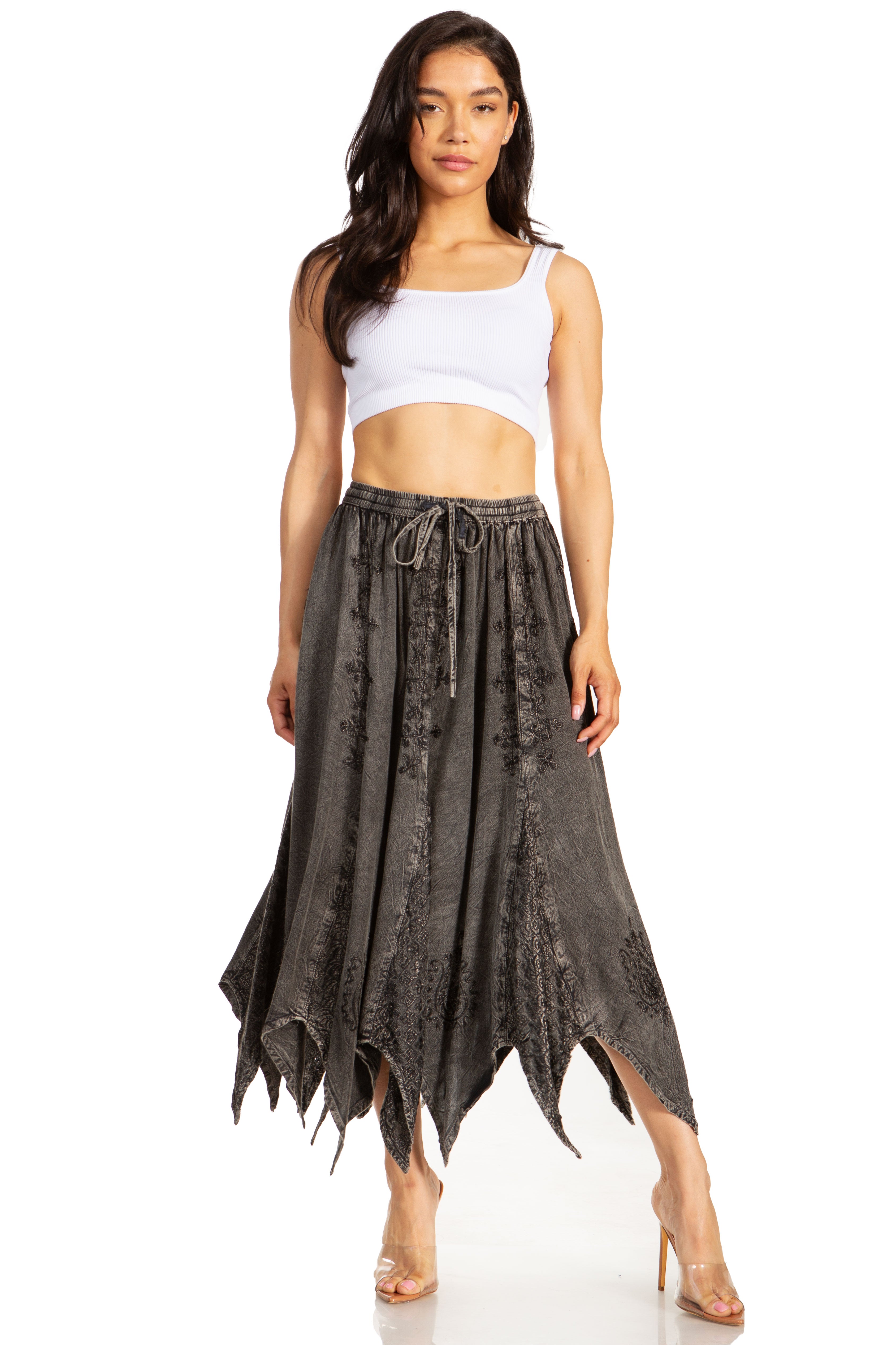 Sakkas - Emery Vintage Retro Maxi Rayon Embroidered Zigzag Hem Flowy Skirt
