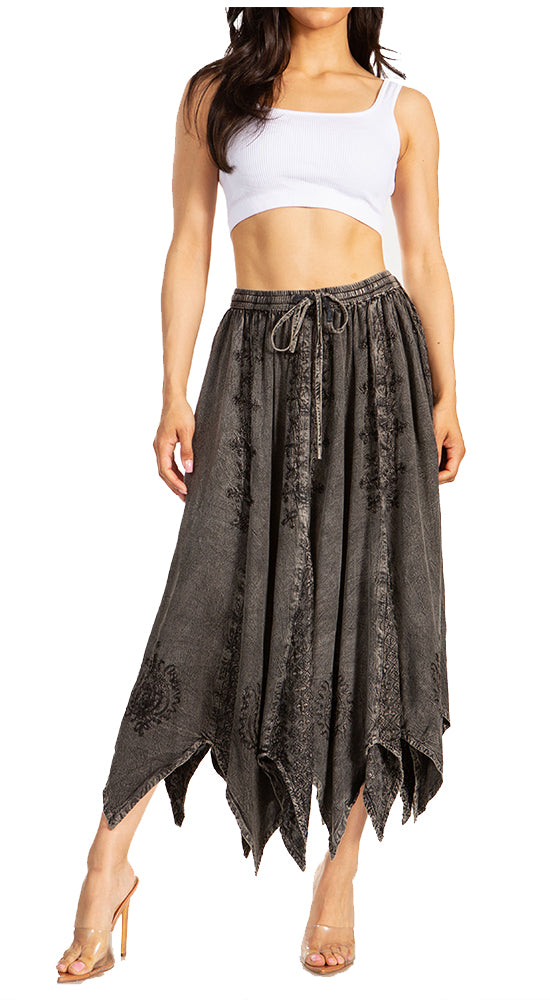 Sakkas - Emery Vintage Retro Maxi Rayon Embroidered Zigzag Hem Flowy Skirt