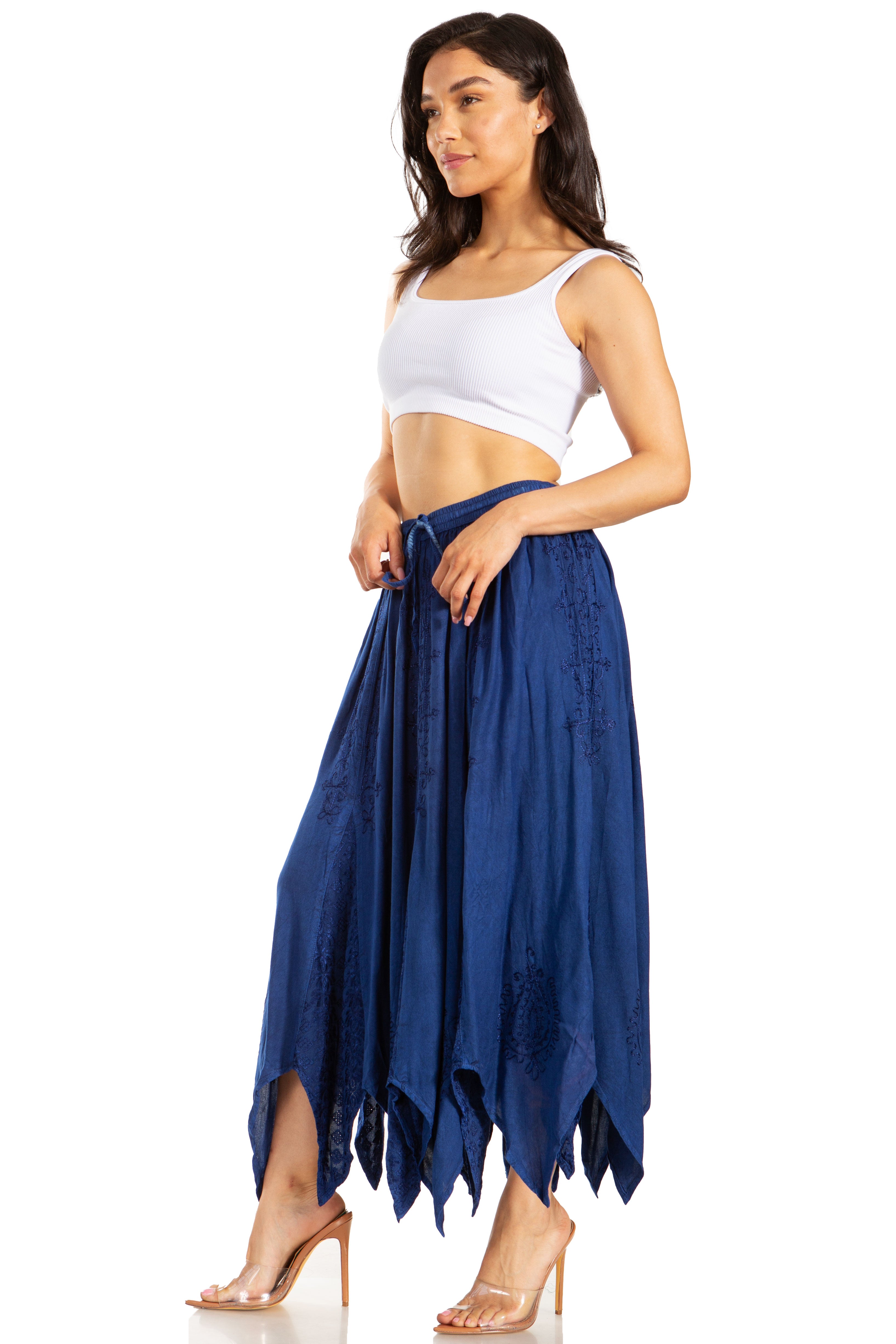Sakkas - Emery Vintage Retro Maxi Rayon Embroidered Zigzag Hem Flowy Skirt