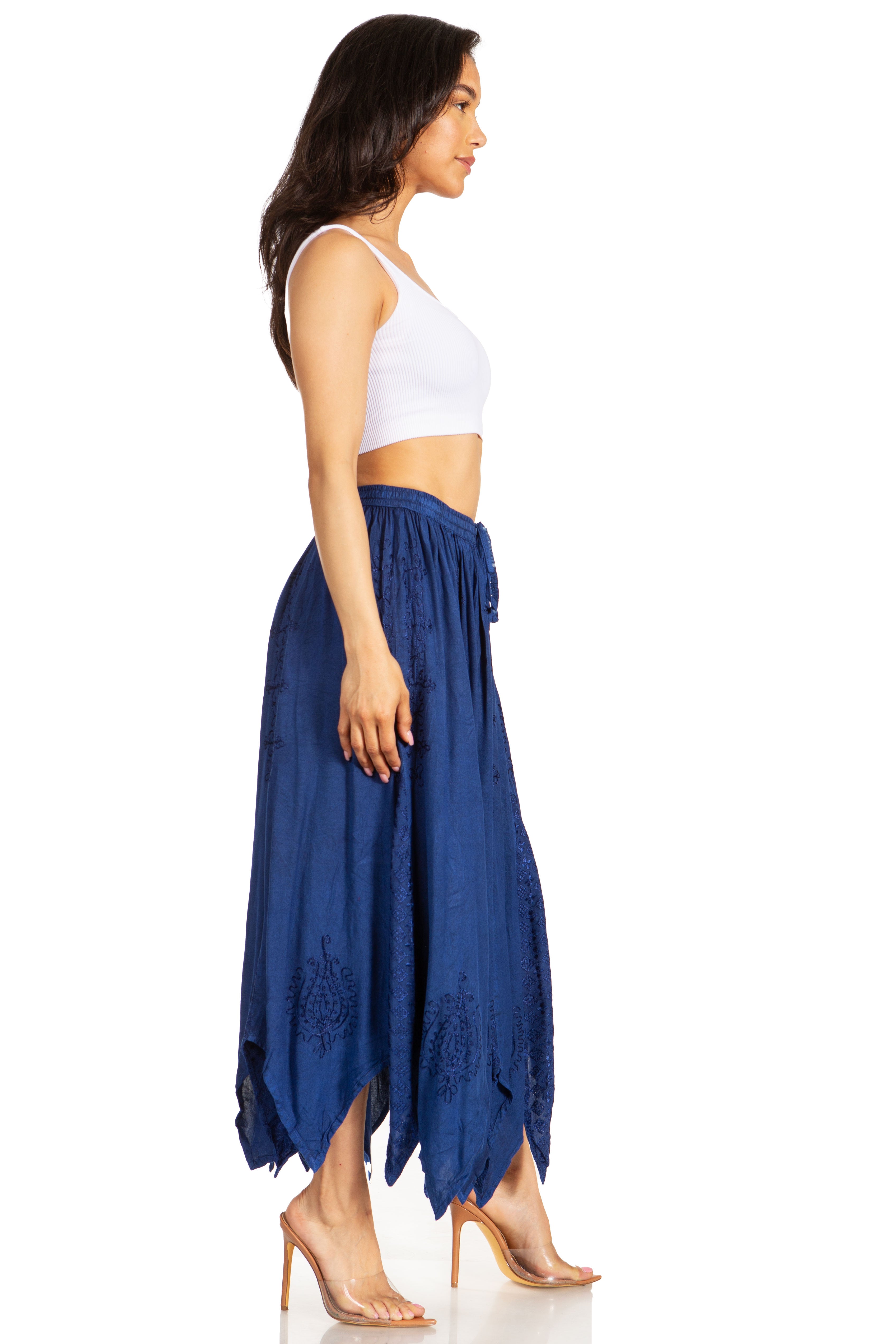 Sakkas - Emery Vintage Retro Maxi Rayon Embroidered Zigzag Hem Flowy Skirt