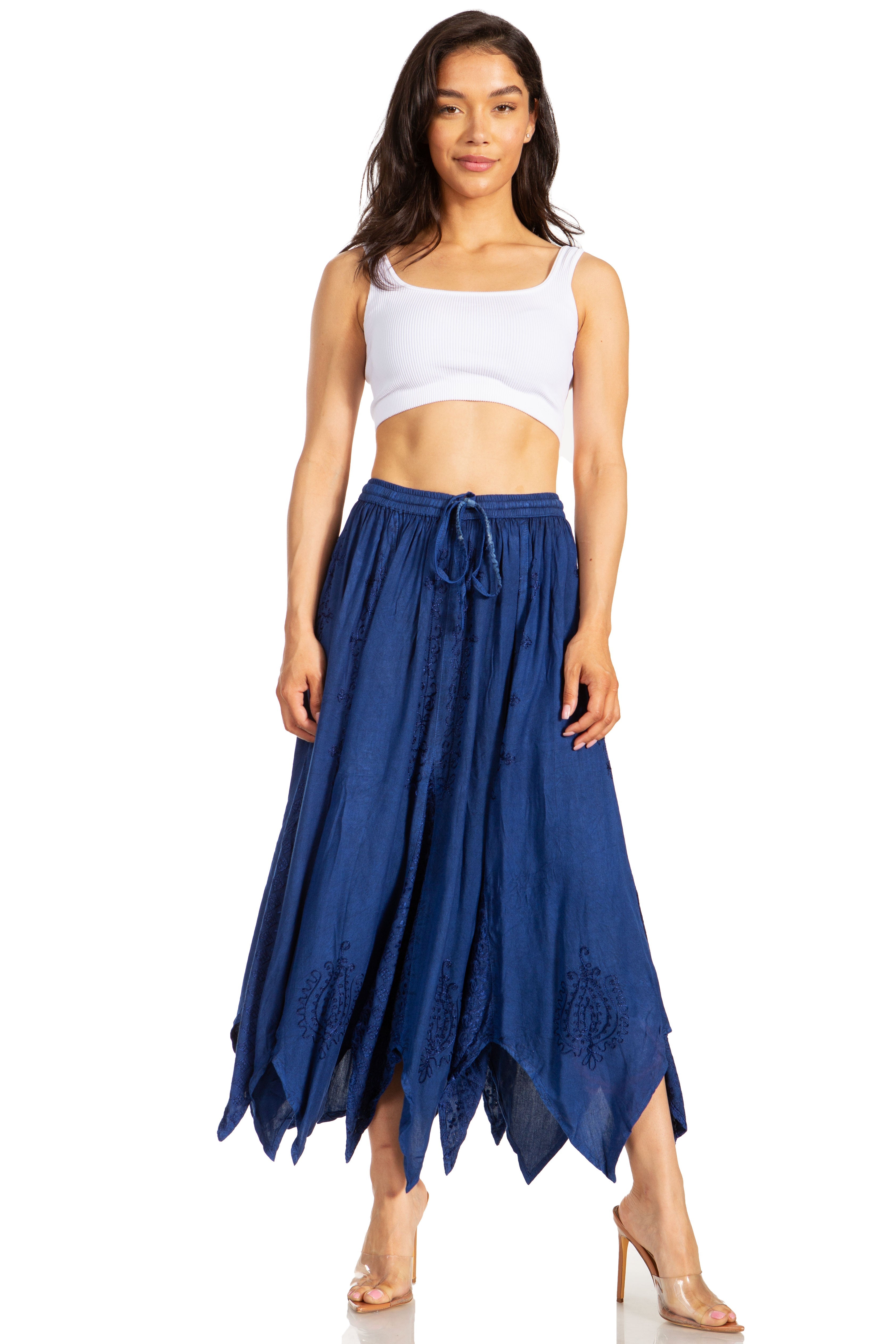 Sakkas - Emery Vintage Retro Maxi Rayon Embroidered Zigzag Hem Flowy Skirt