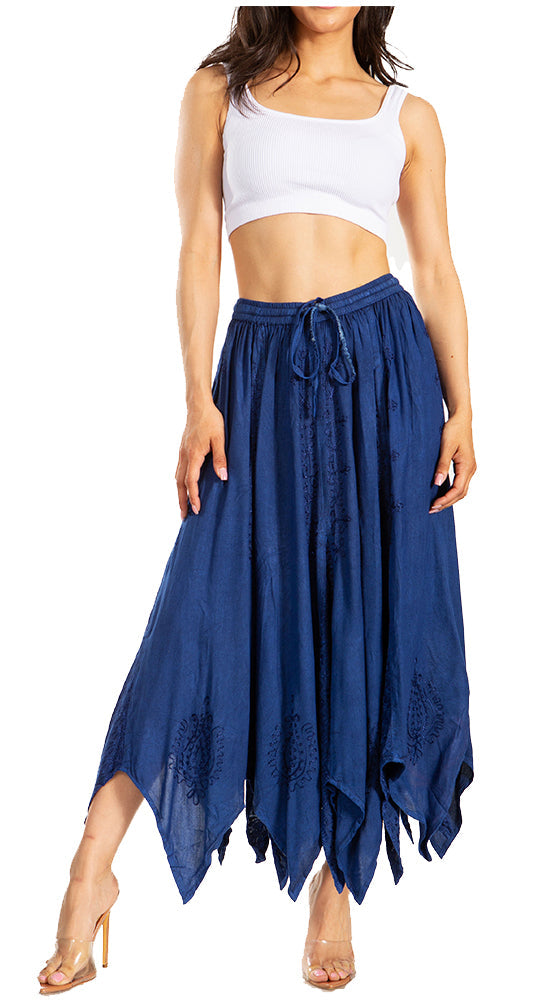 Sakkas - Emery Vintage Retro Maxi Rayon Embroidered Zigzag Hem Flowy Skirt
