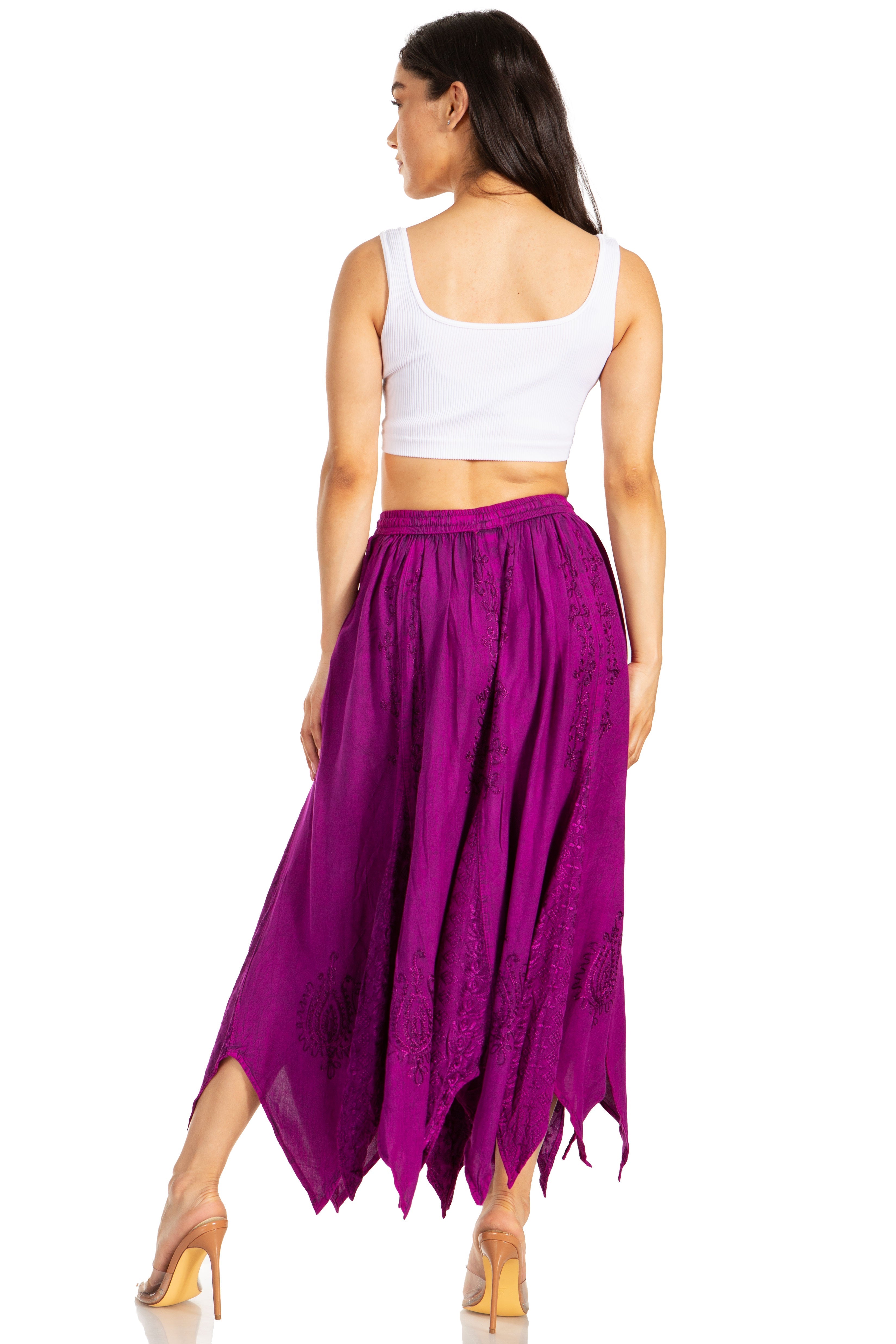 Sakkas - Emery Vintage Retro Maxi Rayon Embroidered Zigzag Hem Flowy Skirt