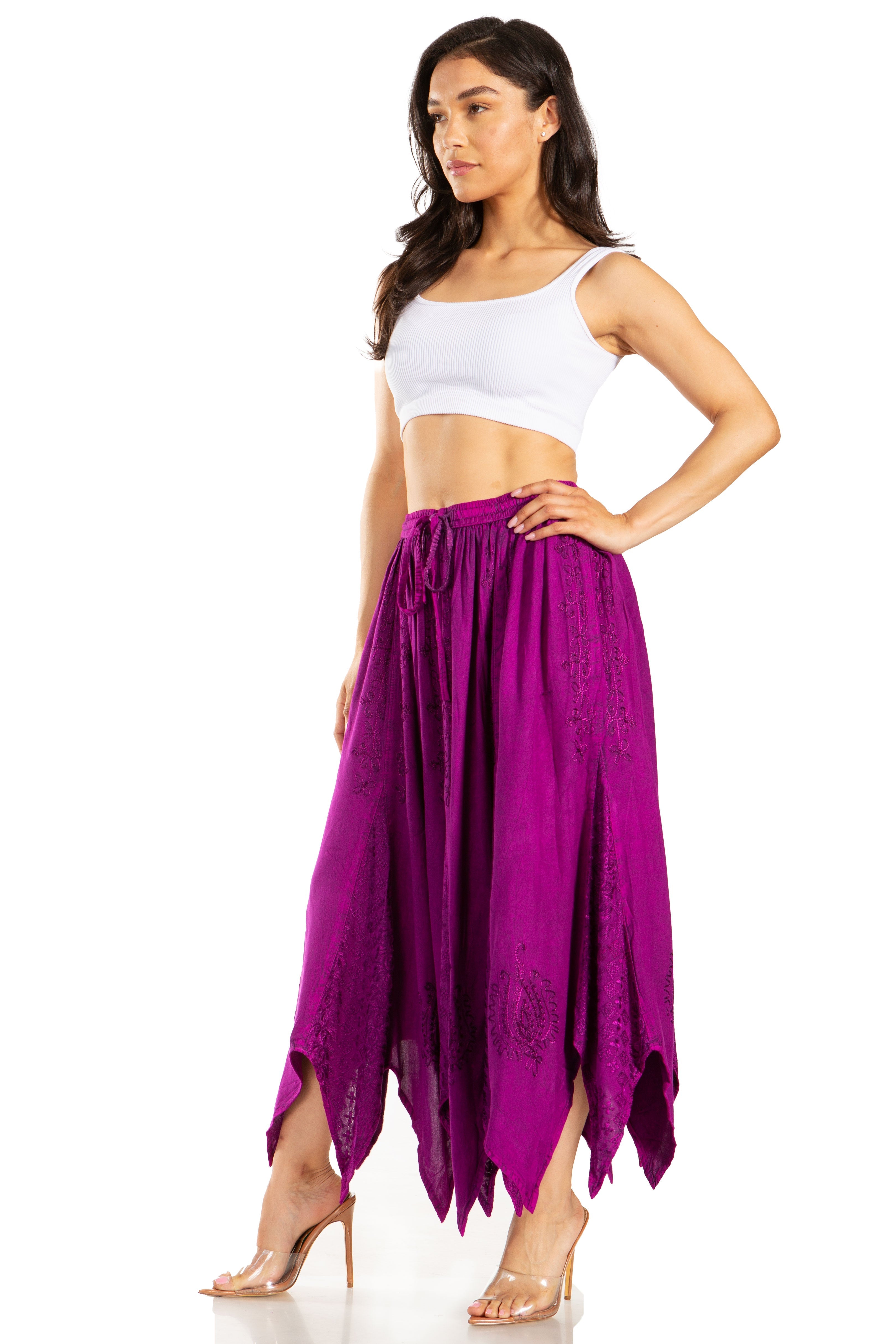 Sakkas - Emery Vintage Retro Maxi Rayon Embroidered Zigzag Hem Flowy Skirt