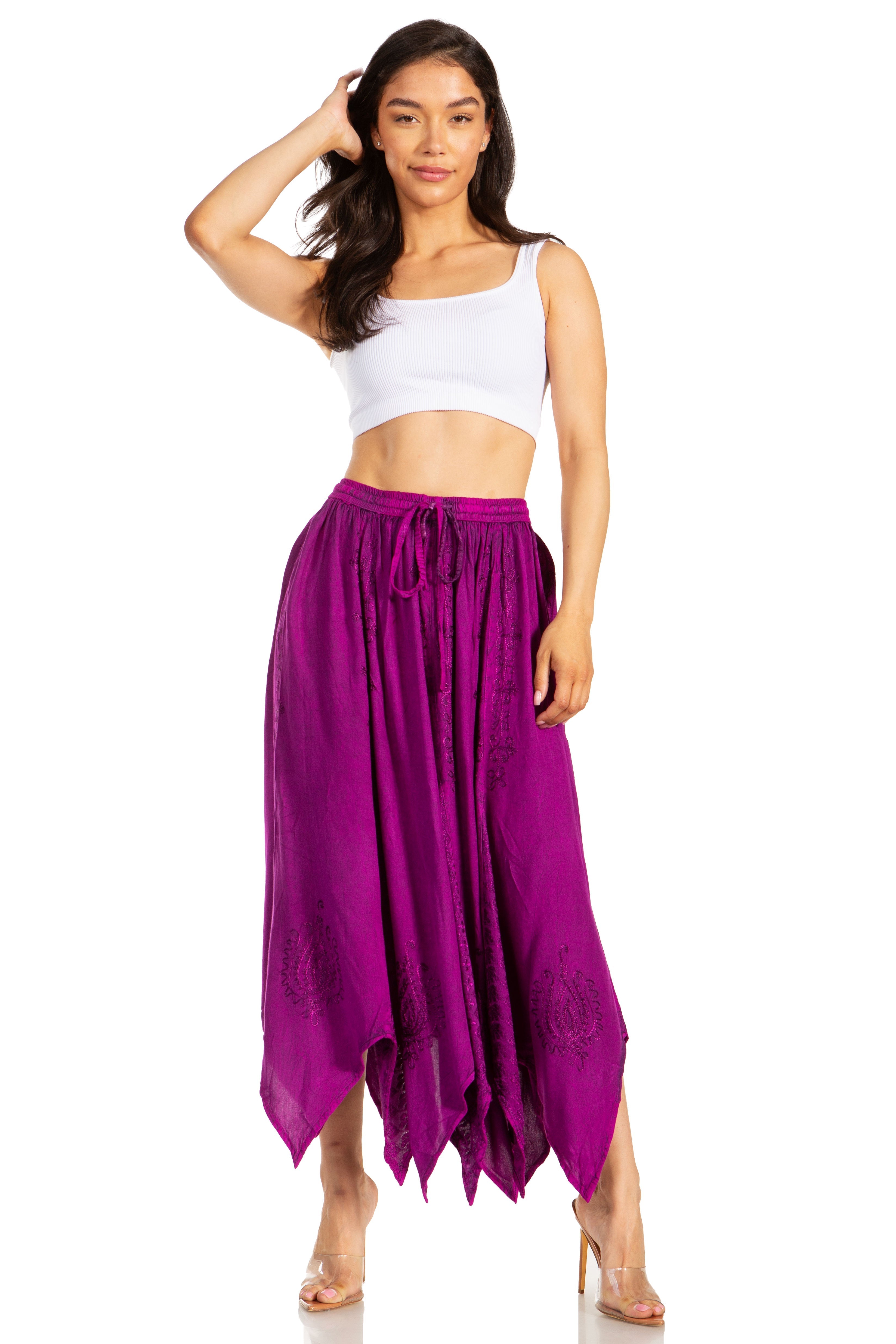 Sakkas - Emery Vintage Retro Maxi Rayon Embroidered Zigzag Hem Flowy Skirt