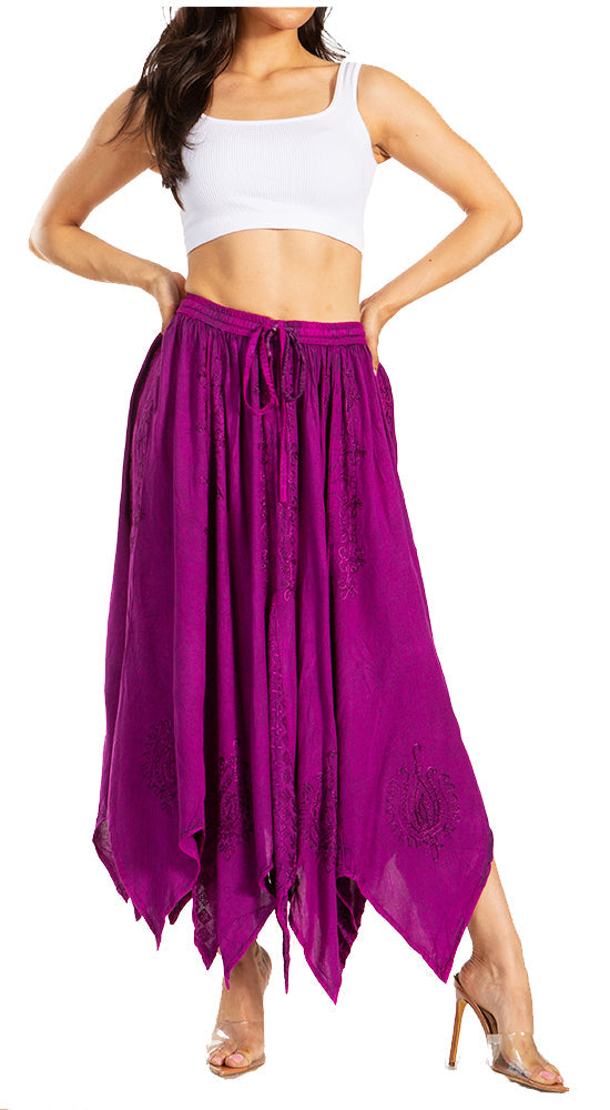 Sakkas - Emery Vintage Retro Maxi Rayon Embroidered Zigzag Hem Flowy Skirt