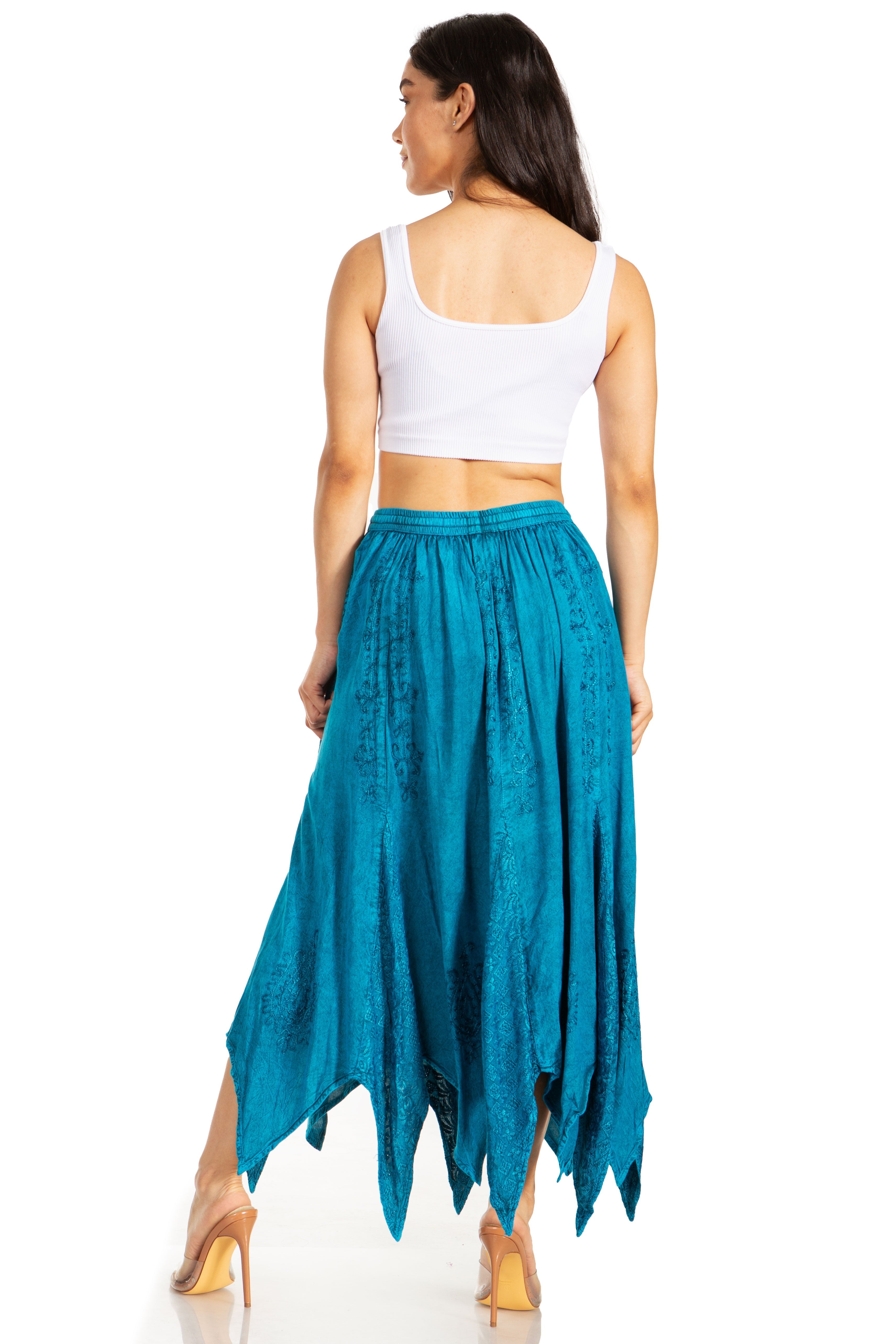 Sakkas - Emery Vintage Retro Maxi Rayon Embroidered Zigzag Hem Flowy Skirt