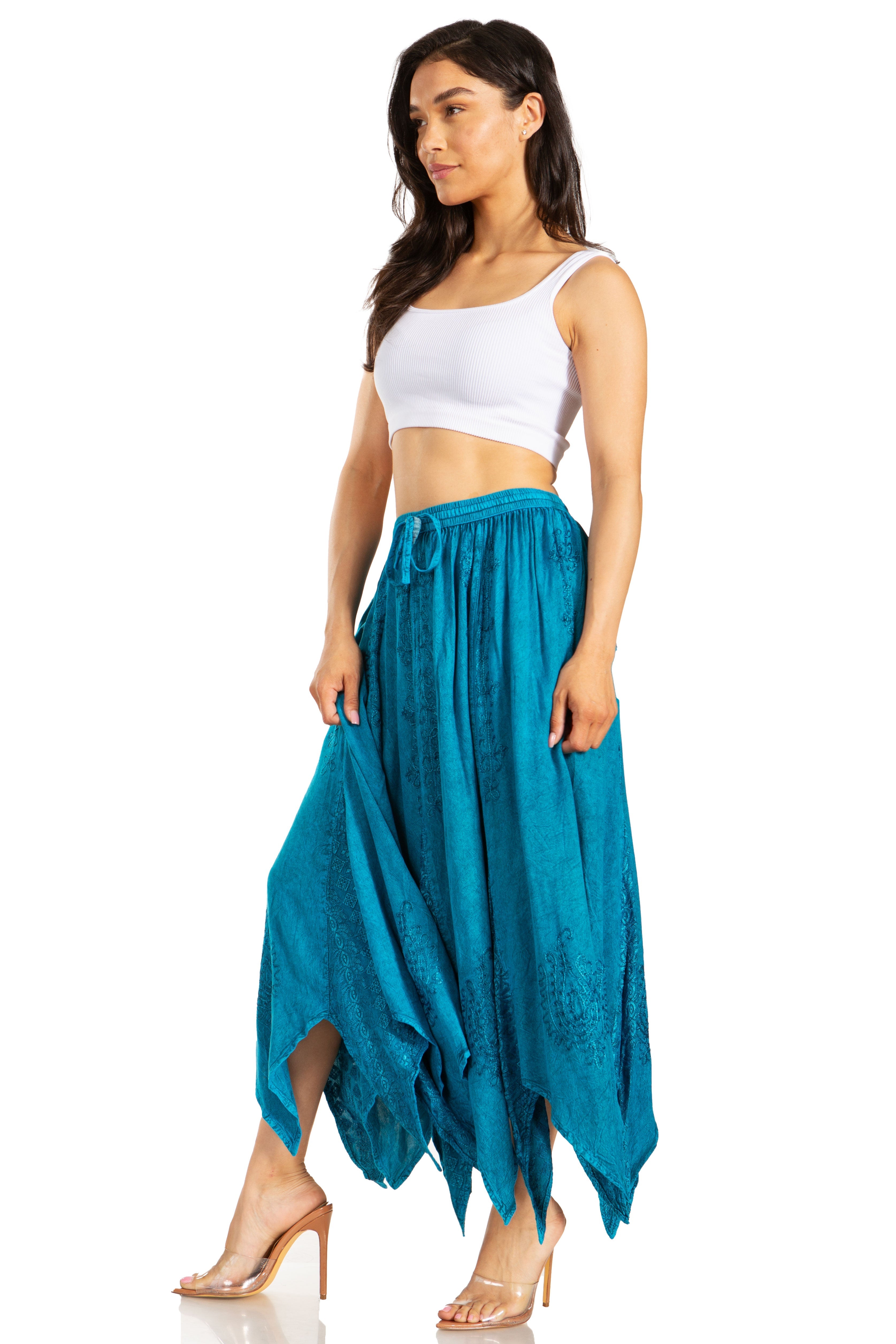 Sakkas - Emery Vintage Retro Maxi Rayon Embroidered Zigzag Hem Flowy Skirt