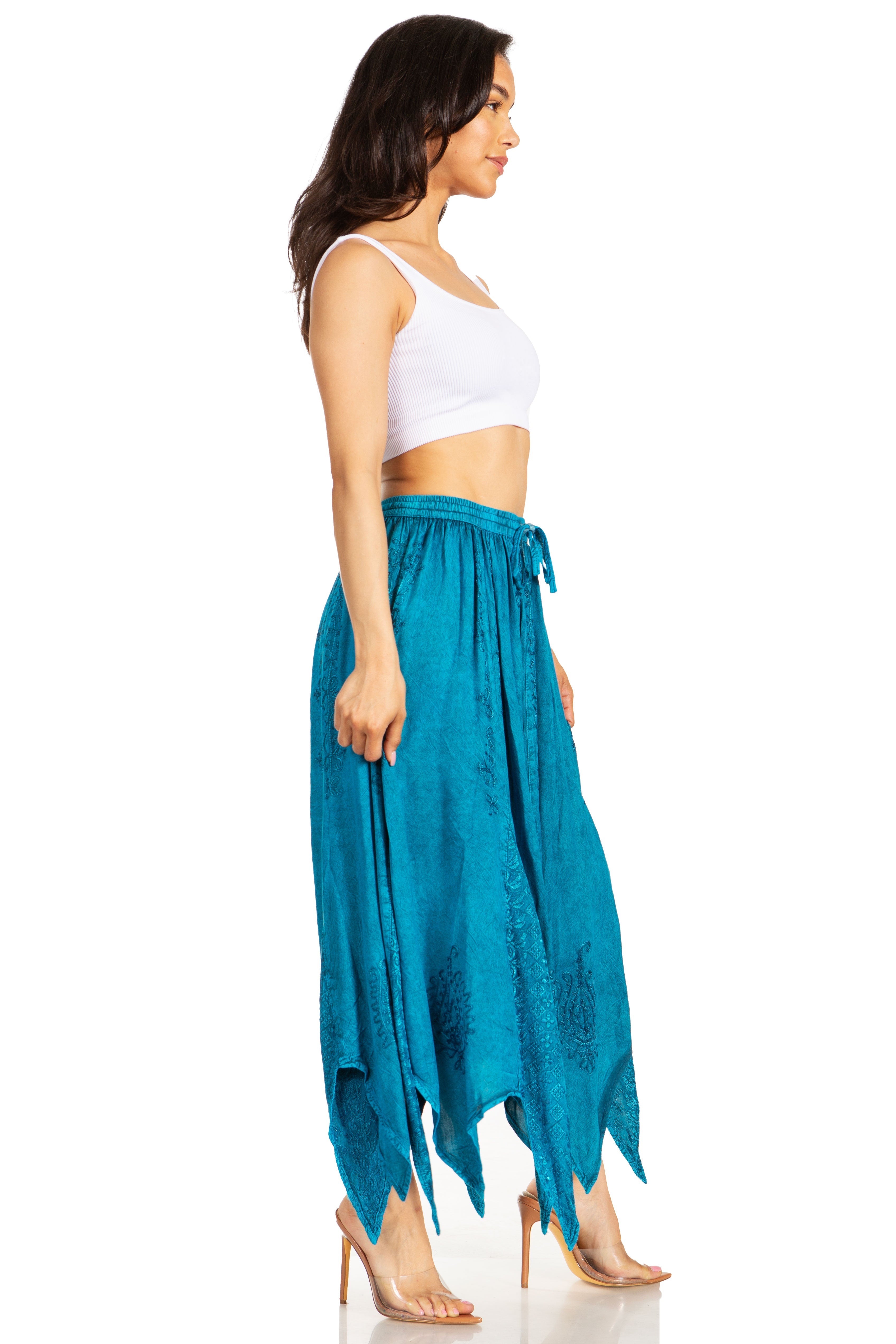 Sakkas - Emery Vintage Retro Maxi Rayon Embroidered Zigzag Hem Flowy Skirt