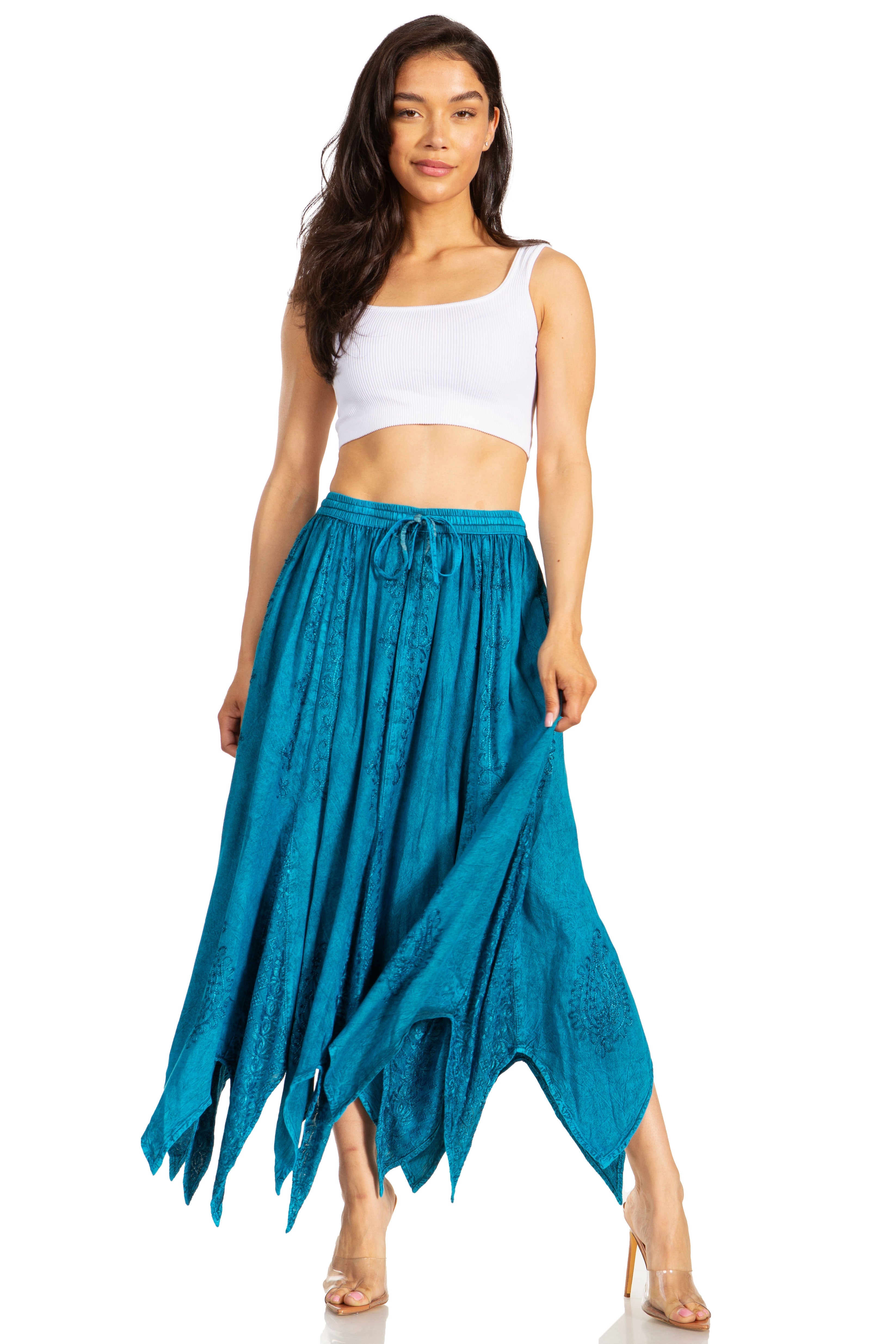 Sakkas - Emery Vintage Retro Maxi Rayon Embroidered Zigzag Hem Flowy Skirt