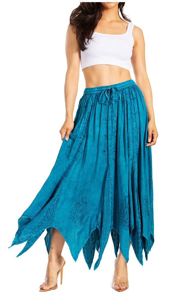 Sakkas - Emery Vintage Retro Maxi Rayon Embroidered Zigzag Hem Flowy Skirt