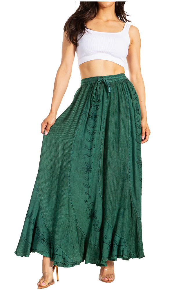 Woman wearing a green skirt with a white top on a white background