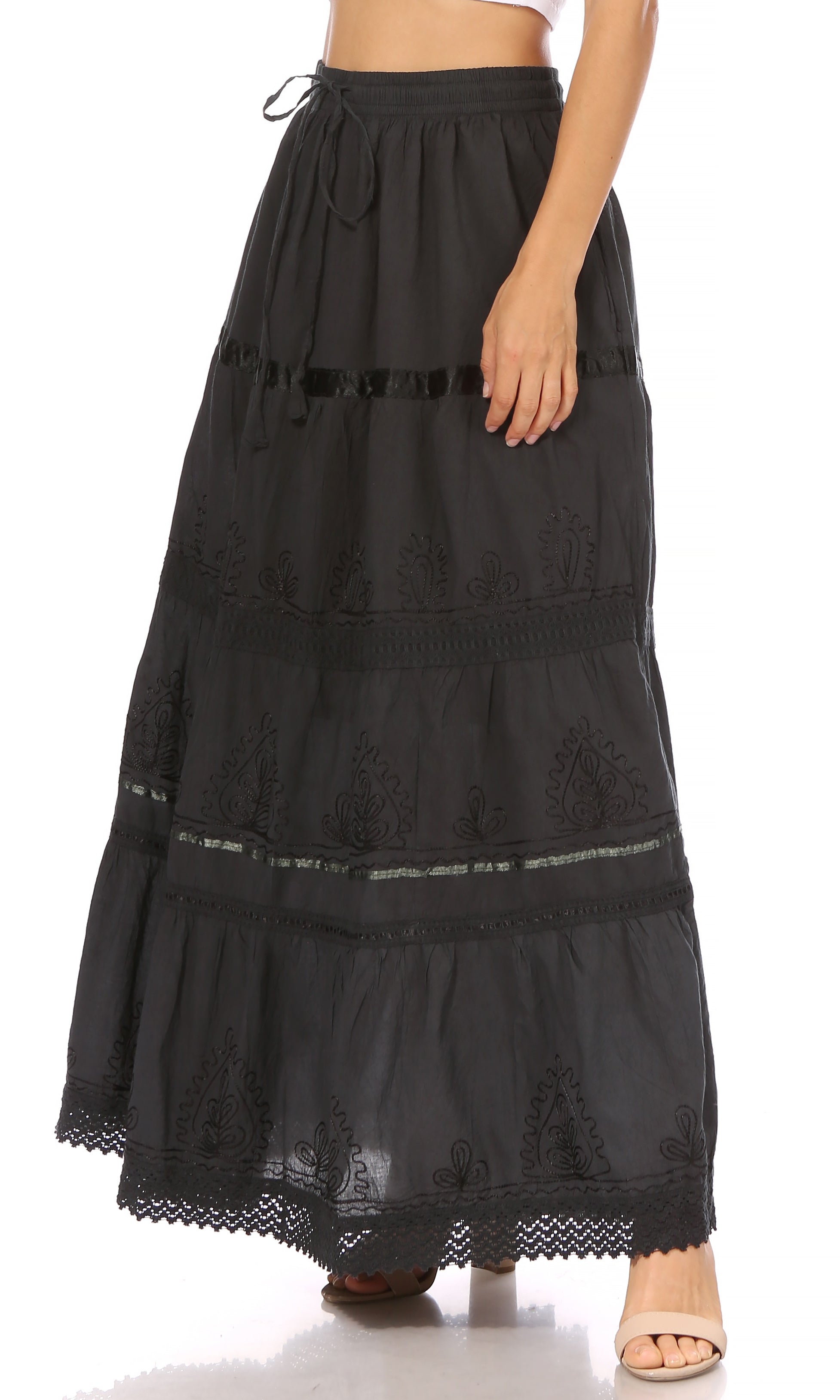 Sakkas - Solid Embroidered Gypsy Cotton Skirt