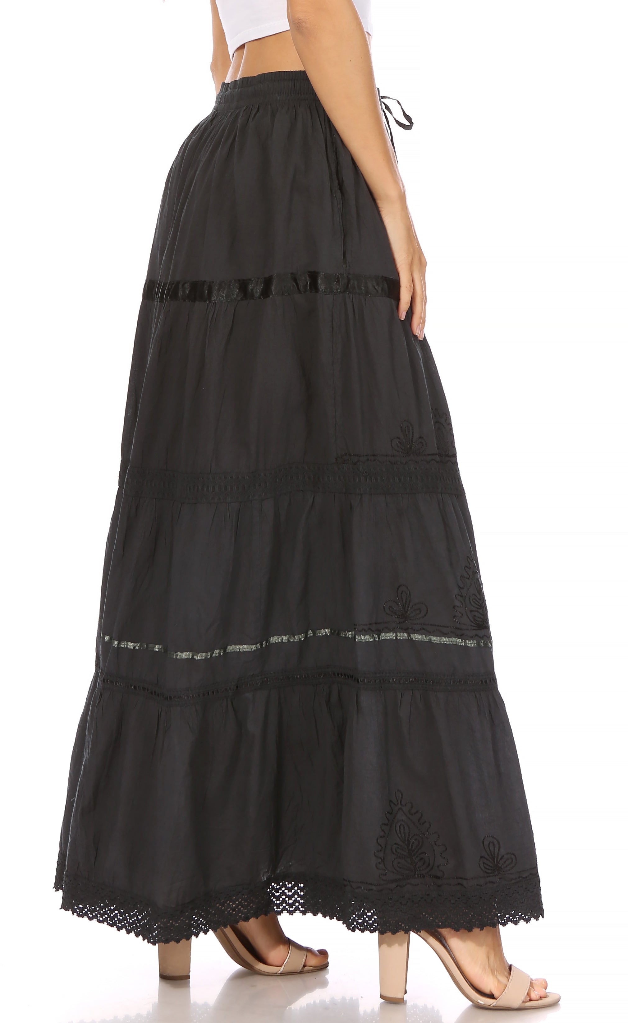 Sakkas - Solid Embroidered Gypsy Cotton Skirt