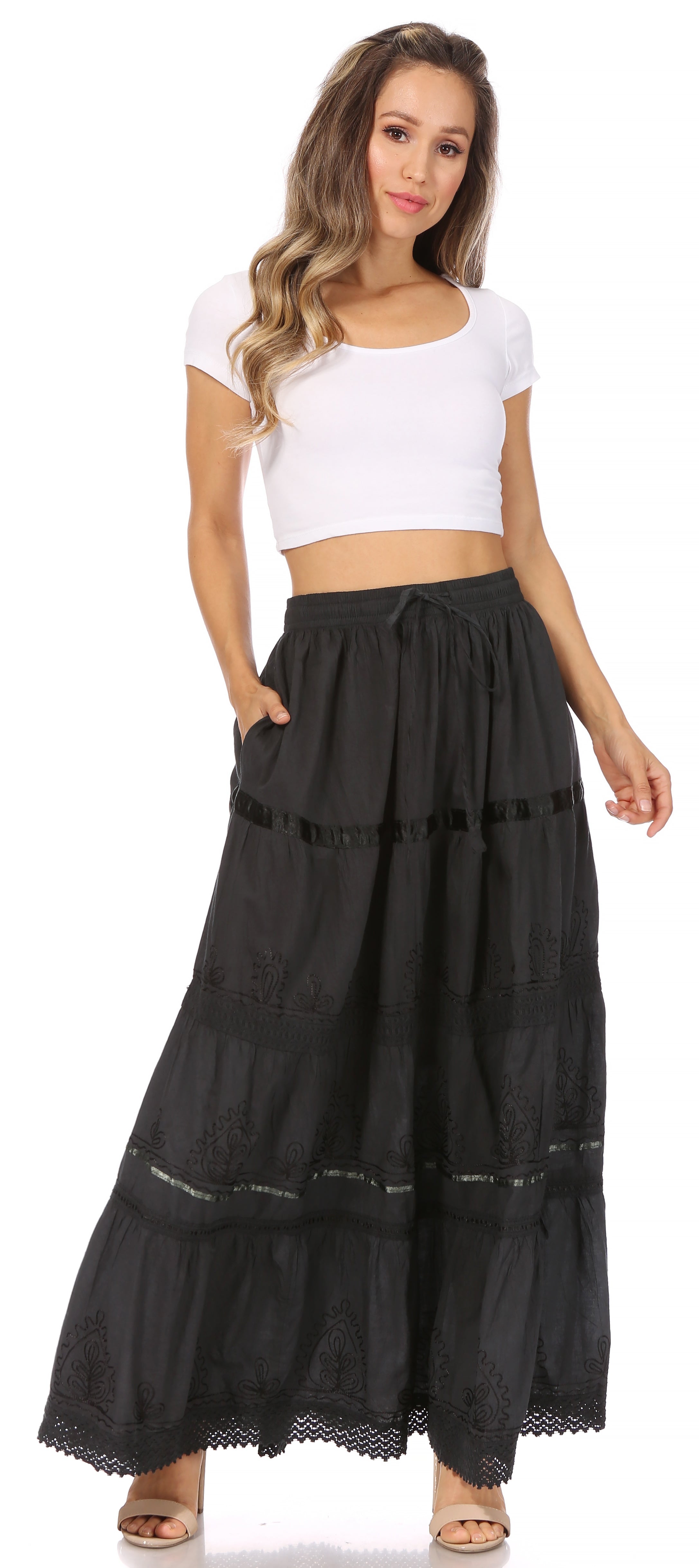 Sakkas - Solid Embroidered Gypsy Cotton Skirt