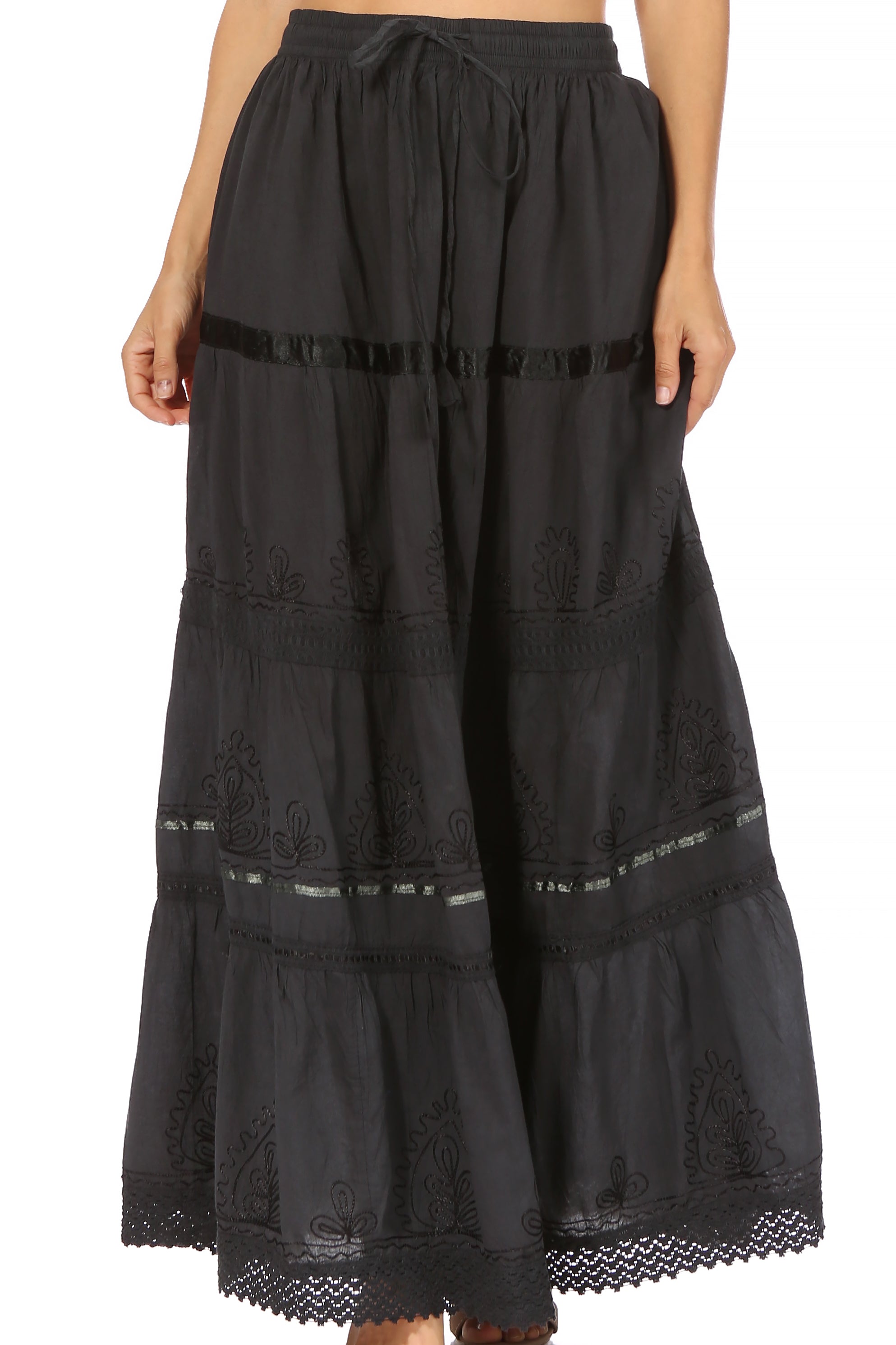 Sakkas - Solid Embroidered Gypsy Cotton Skirt