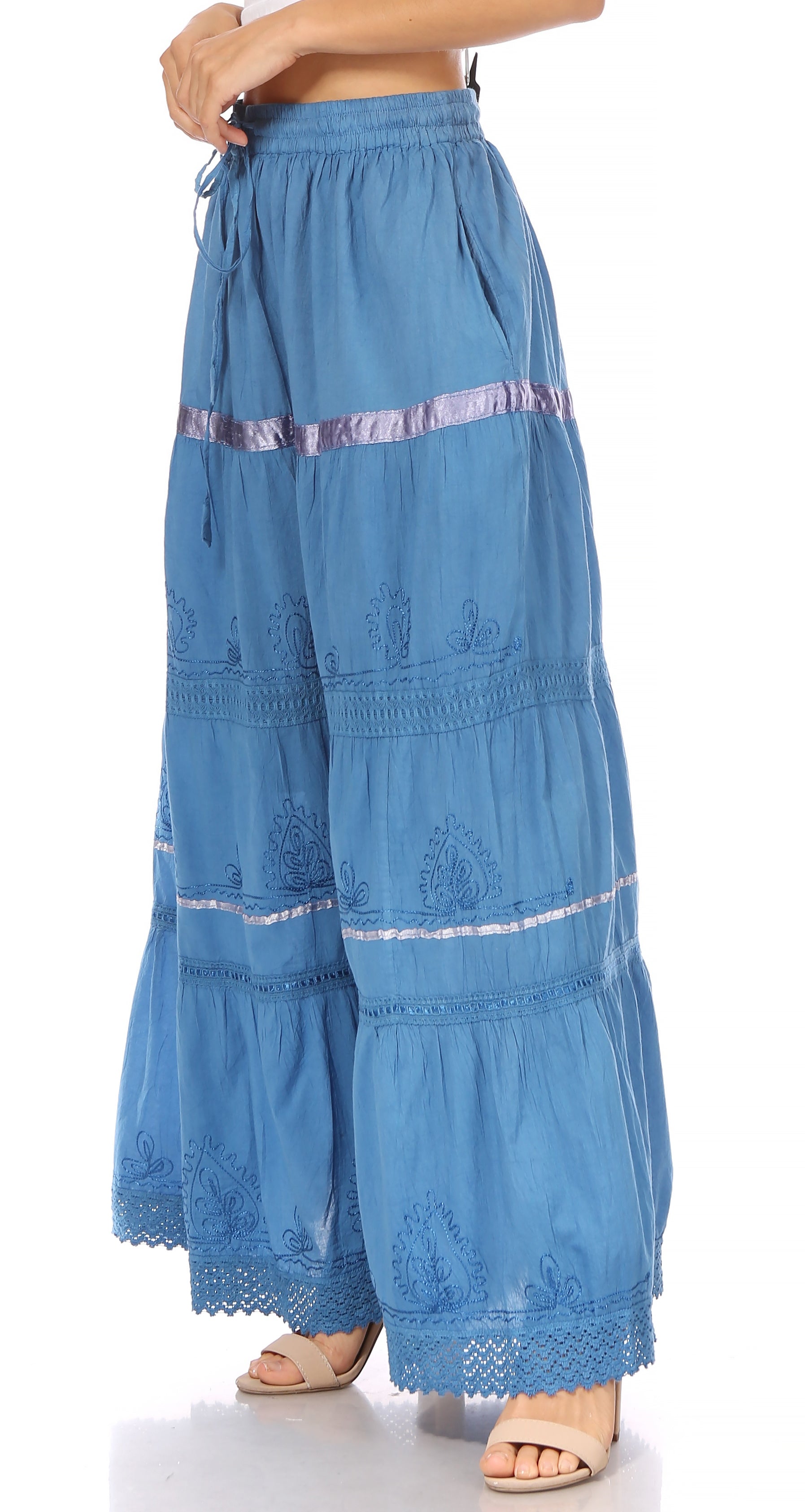 Sakkas - Solid Embroidered Gypsy Cotton Skirt