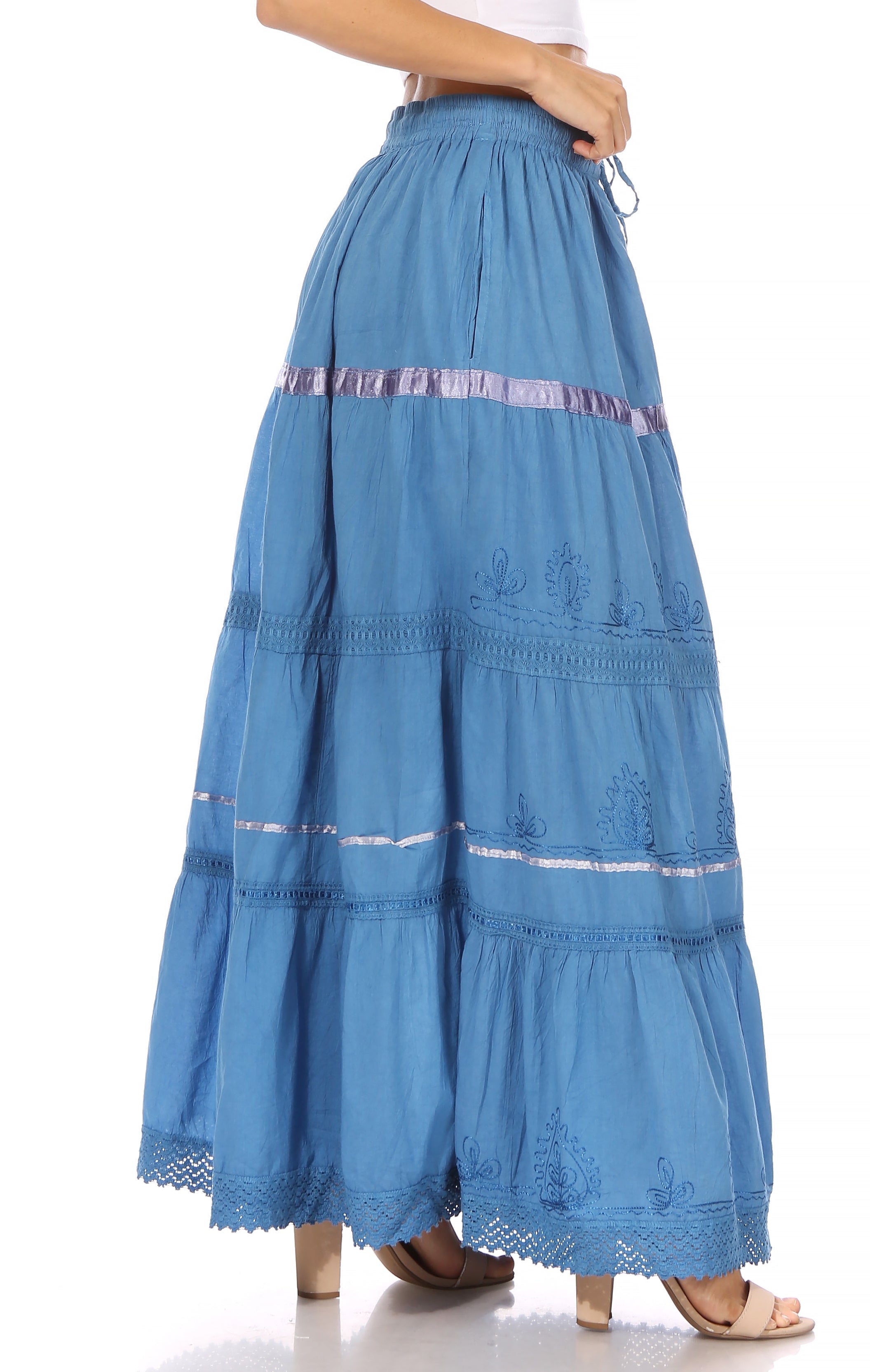 Sakkas - Solid Embroidered Gypsy Cotton Skirt