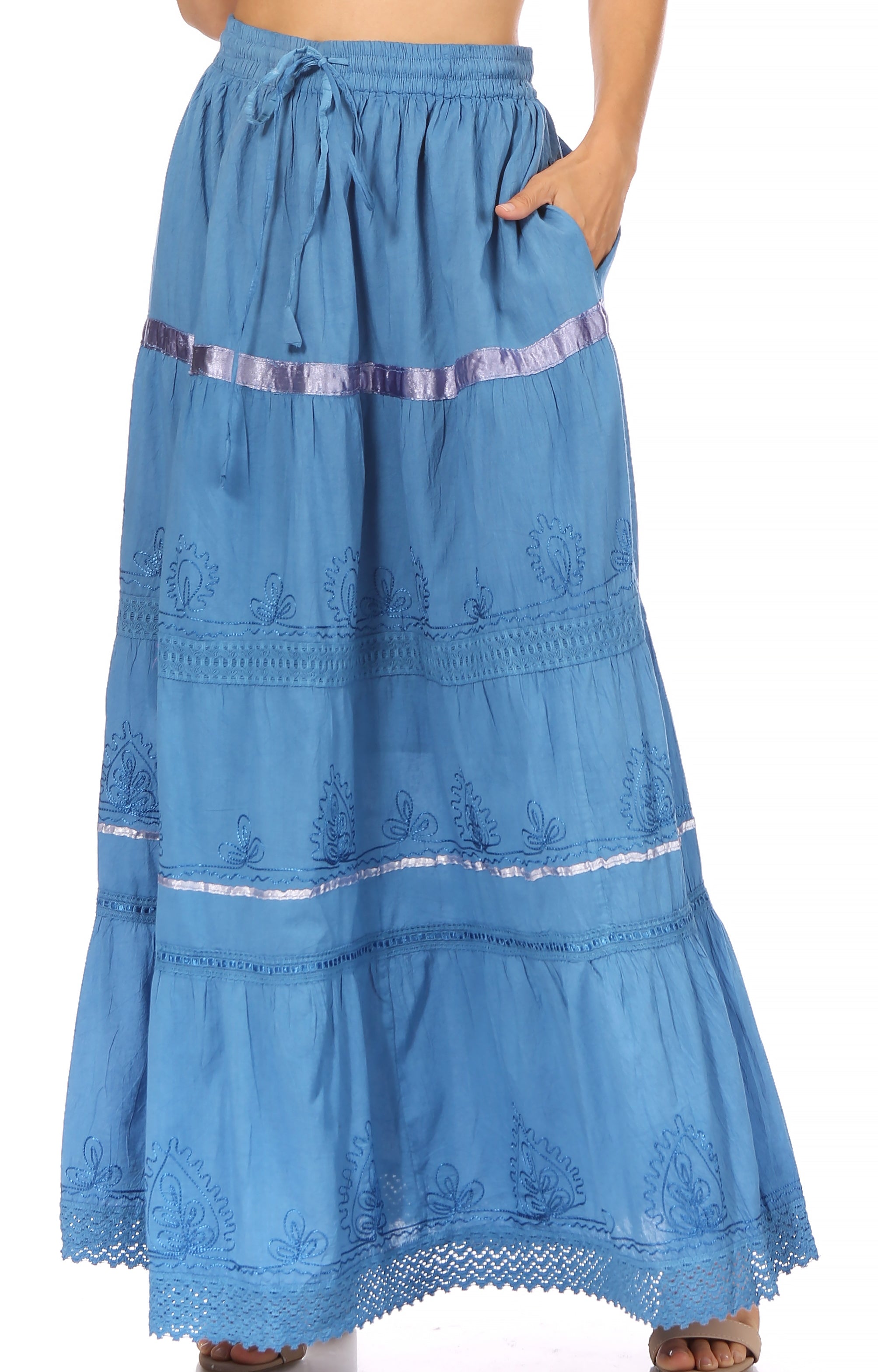 Sakkas - Solid Embroidered Gypsy Cotton Skirt