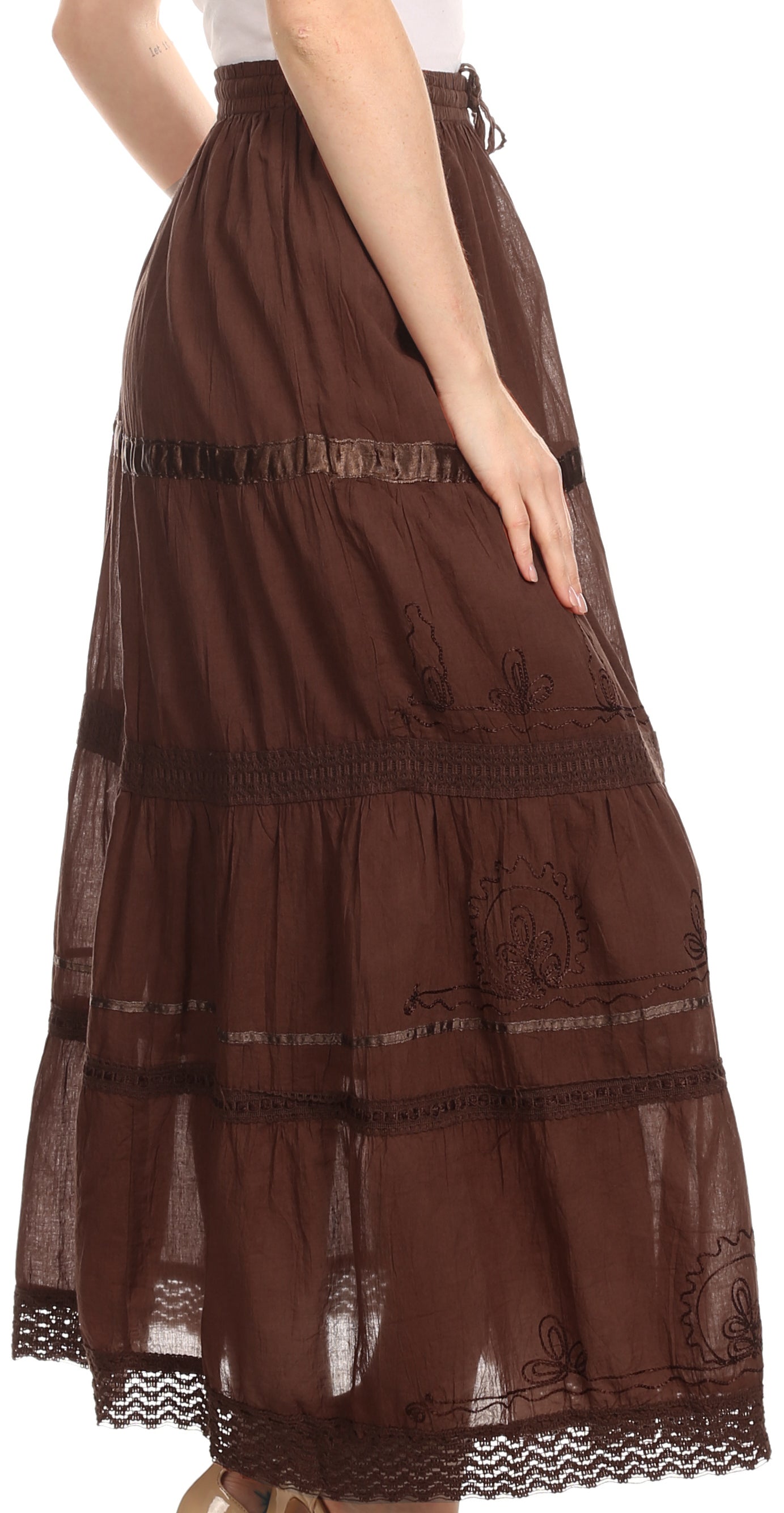 Sakkas - Solid Embroidered Gypsy Cotton Skirt
