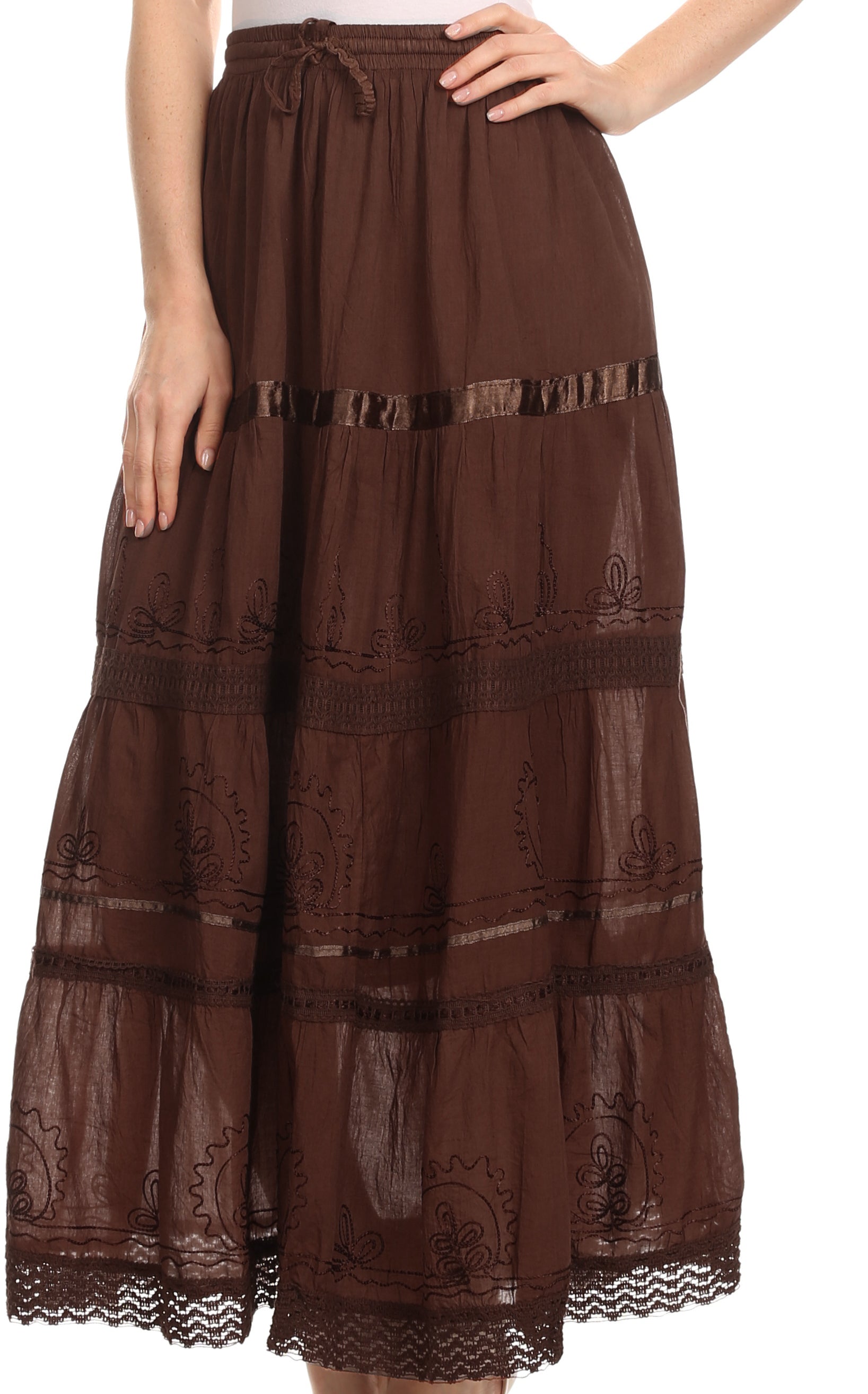 Sakkas - Solid Embroidered Gypsy Cotton Skirt